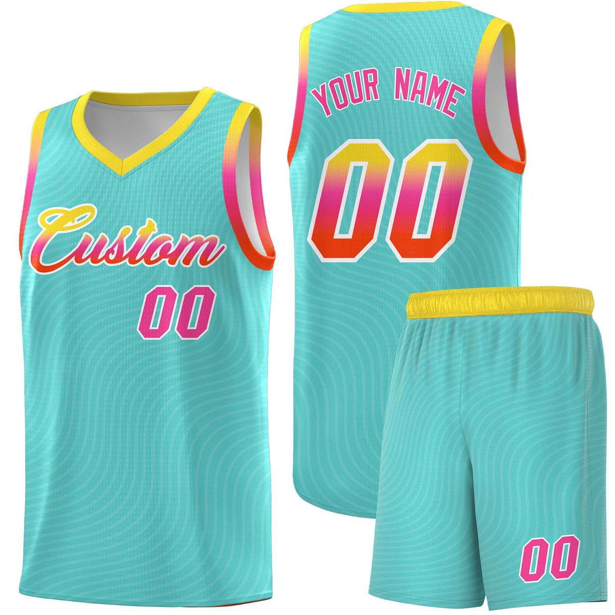 Custom Bright Green Gold Wave Pattern Sports Uniform Basketball Jersey