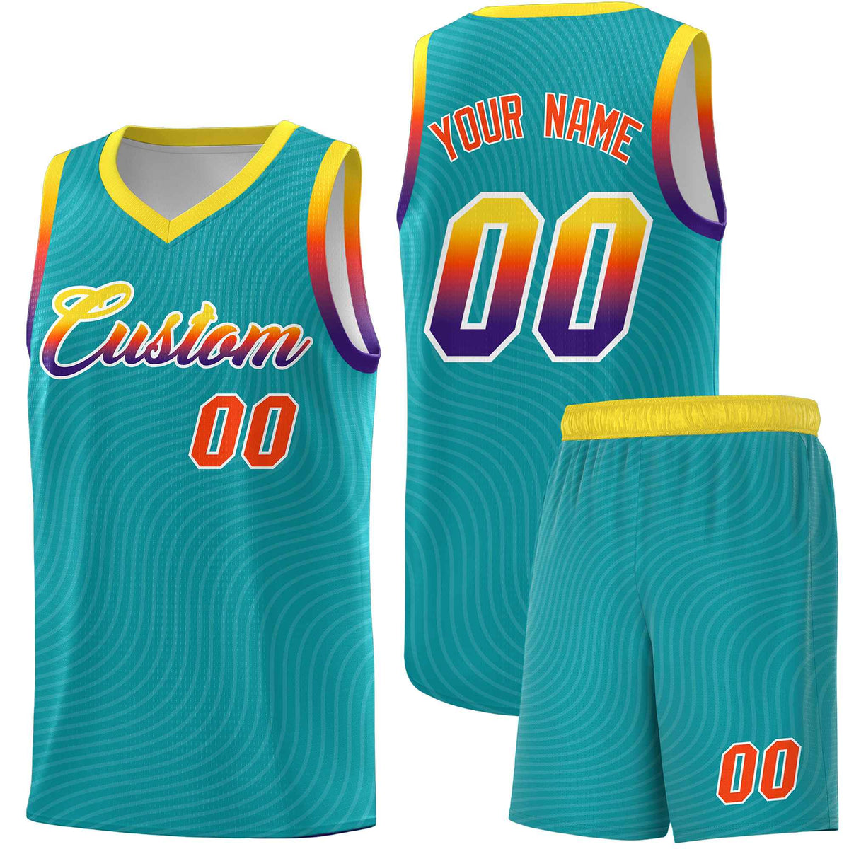 Custom Aqua Gold Wave Pattern Sports Uniform Basketball Jersey