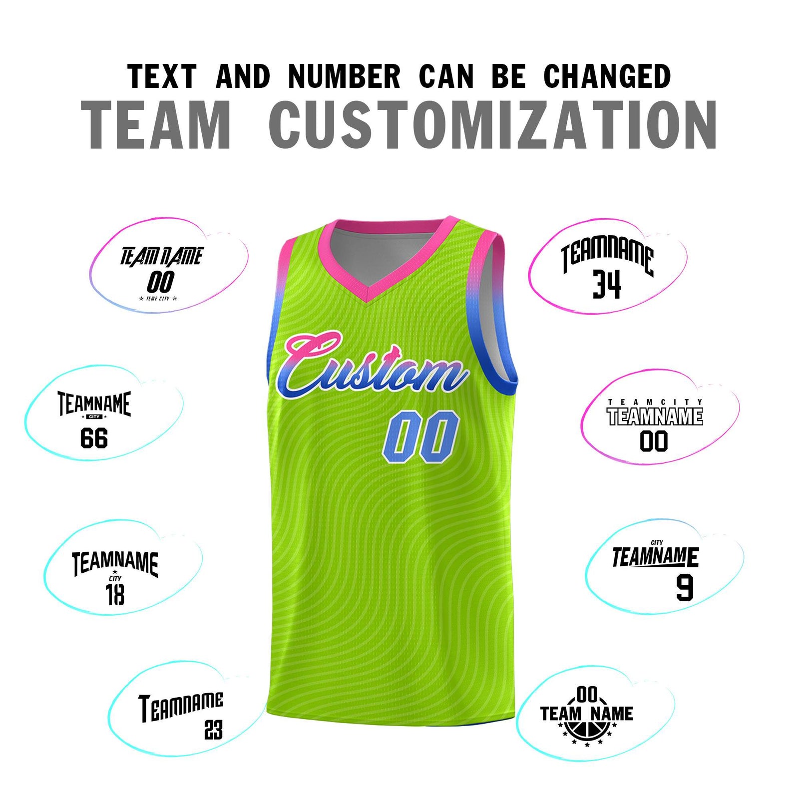 Custom Neon Green Pink Wave Pattern Sports Uniform Basketball Jersey