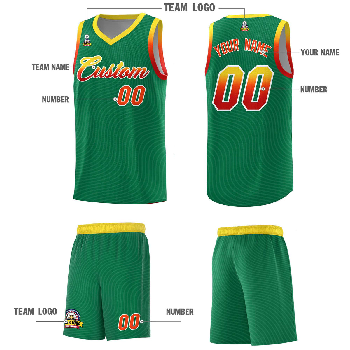 Custom Kelly Green Gold Wave Pattern Sports Uniform Basketball Jersey