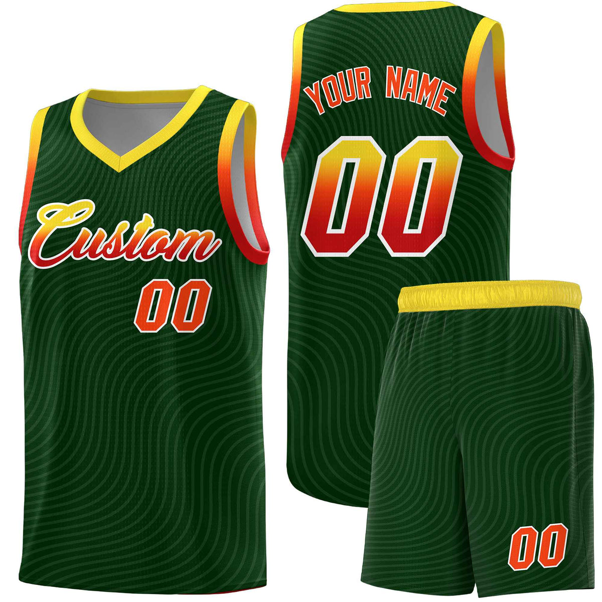 Custom Hunter Green Gold Wave Pattern Sports Uniform Basketball Jersey