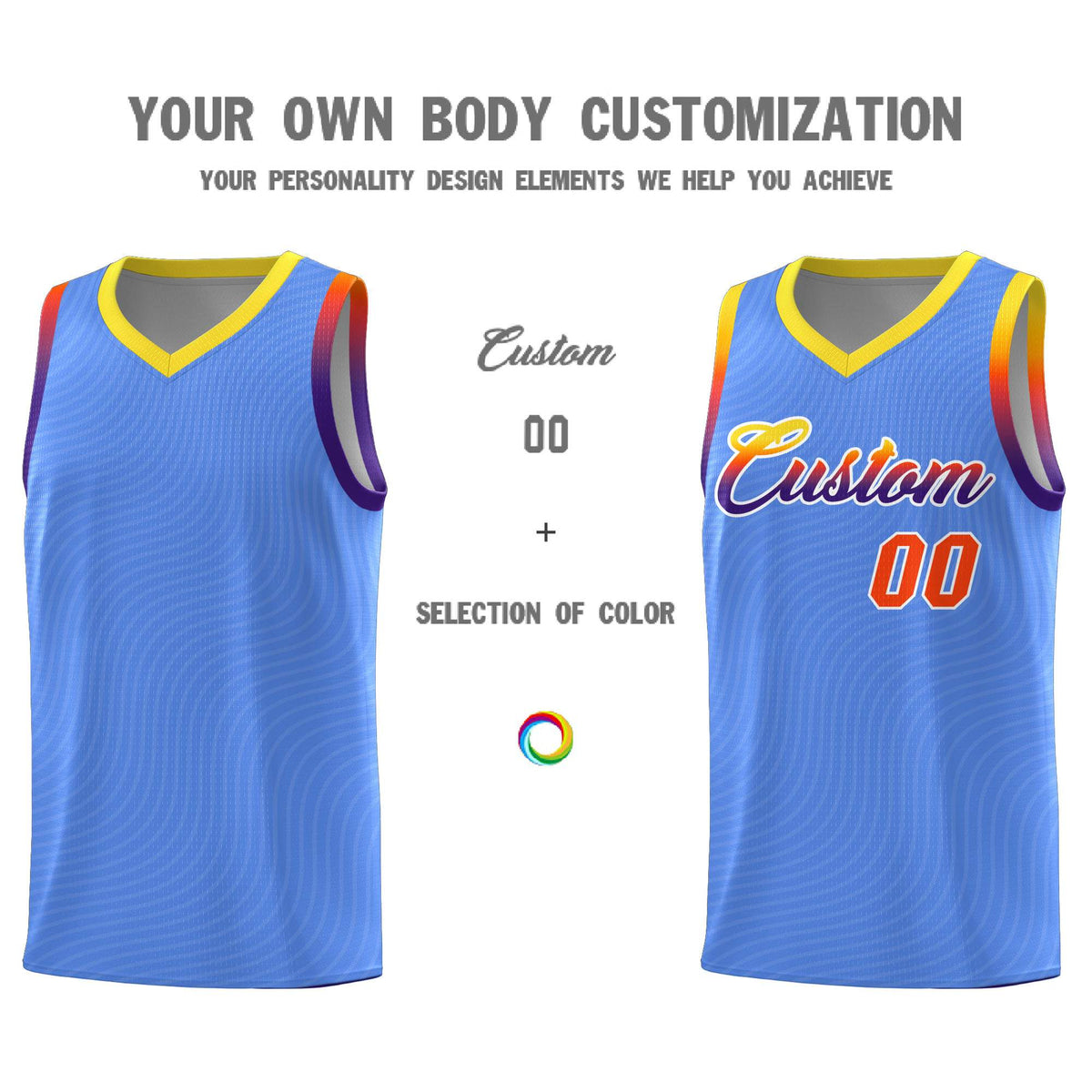 Custom Light Blue Gold Wave Pattern Sports Uniform Basketball Jersey