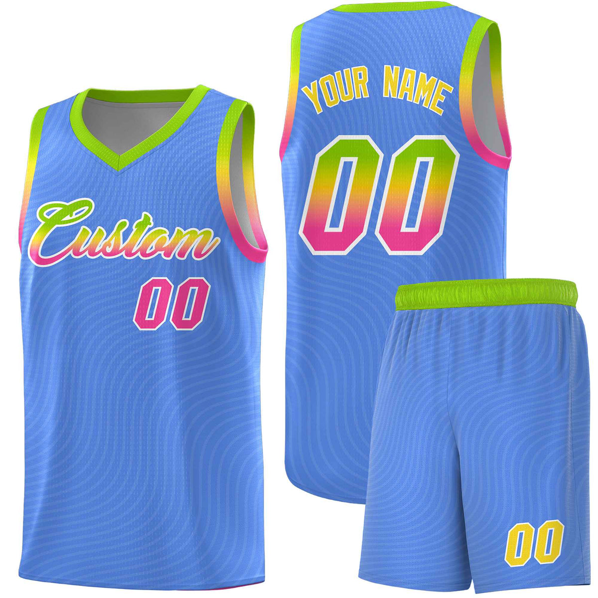 Custom Light Blue Neon Green Wave Pattern Sports Uniform Basketball Jersey
