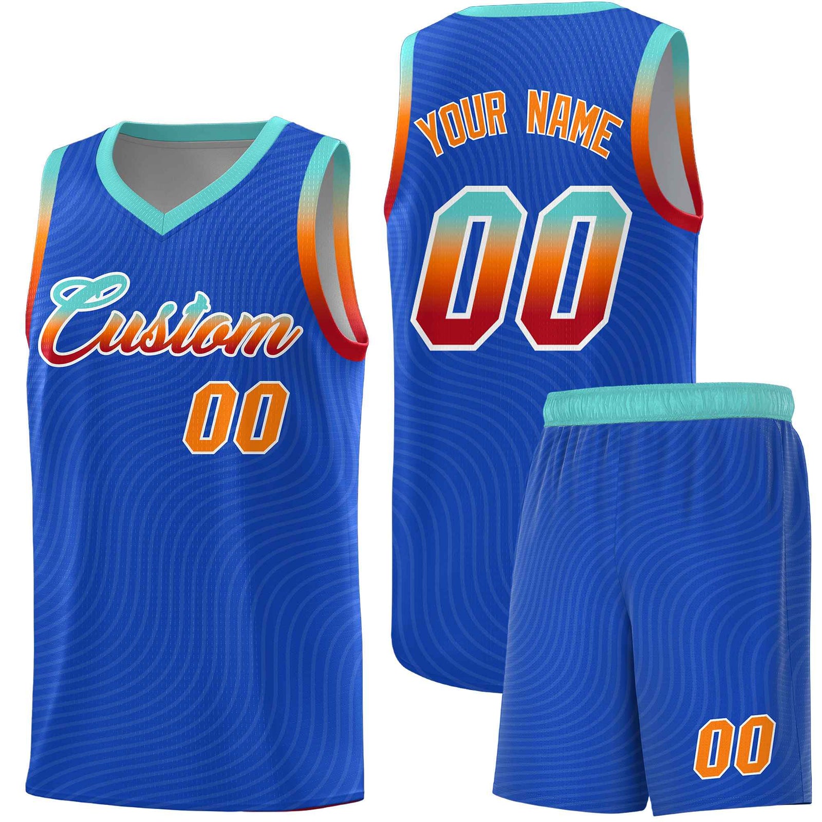 Custom Royal Blue Bright Green Wave Pattern Sports Uniform Basketball Jersey