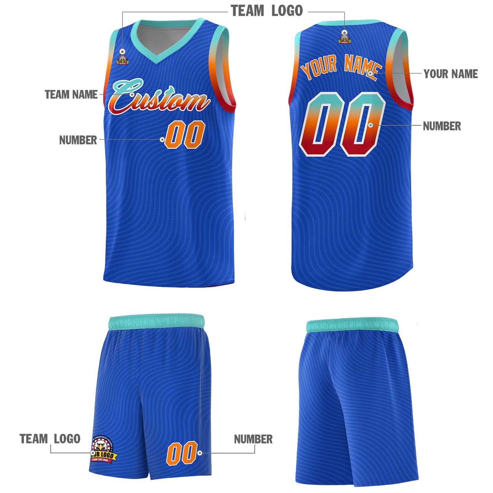 Custom Royal Blue Bright Green Wave Pattern Sports Uniform Basketball Jersey