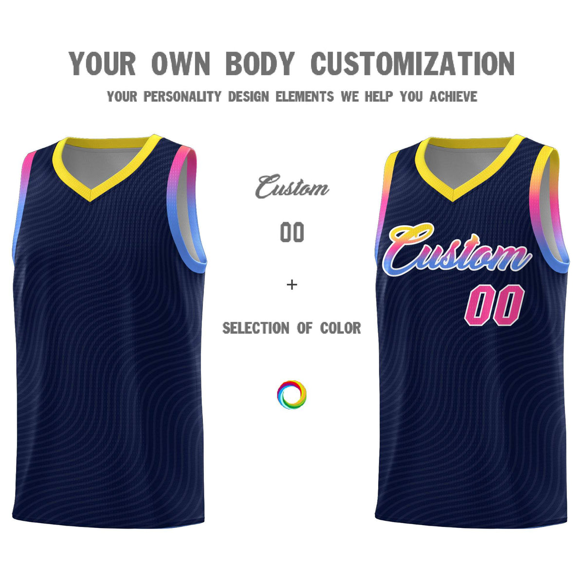 Custom Navy Gold Wave Pattern Sports Uniform Basketball Jersey
