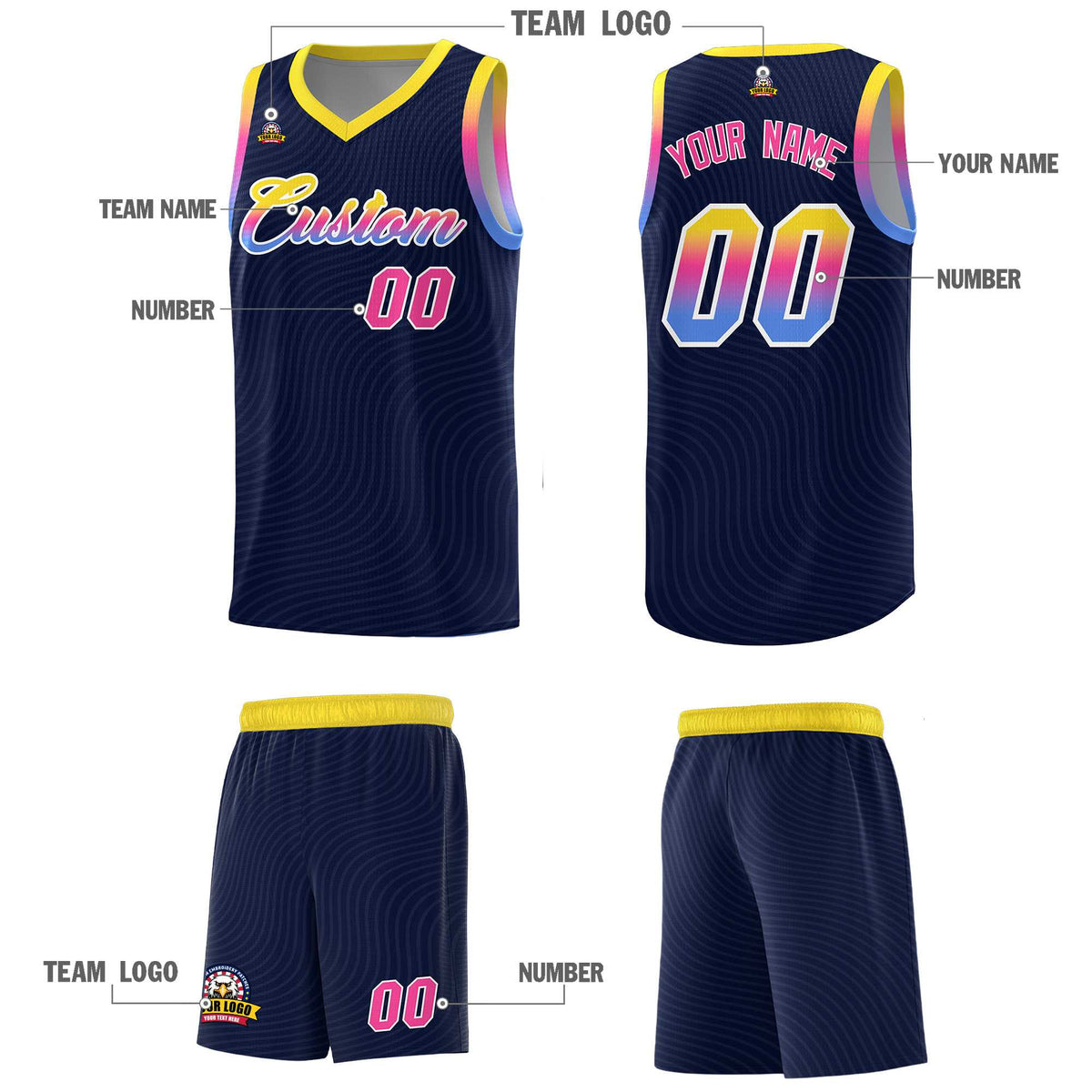 Custom Navy Gold Wave Pattern Sports Uniform Basketball Jersey