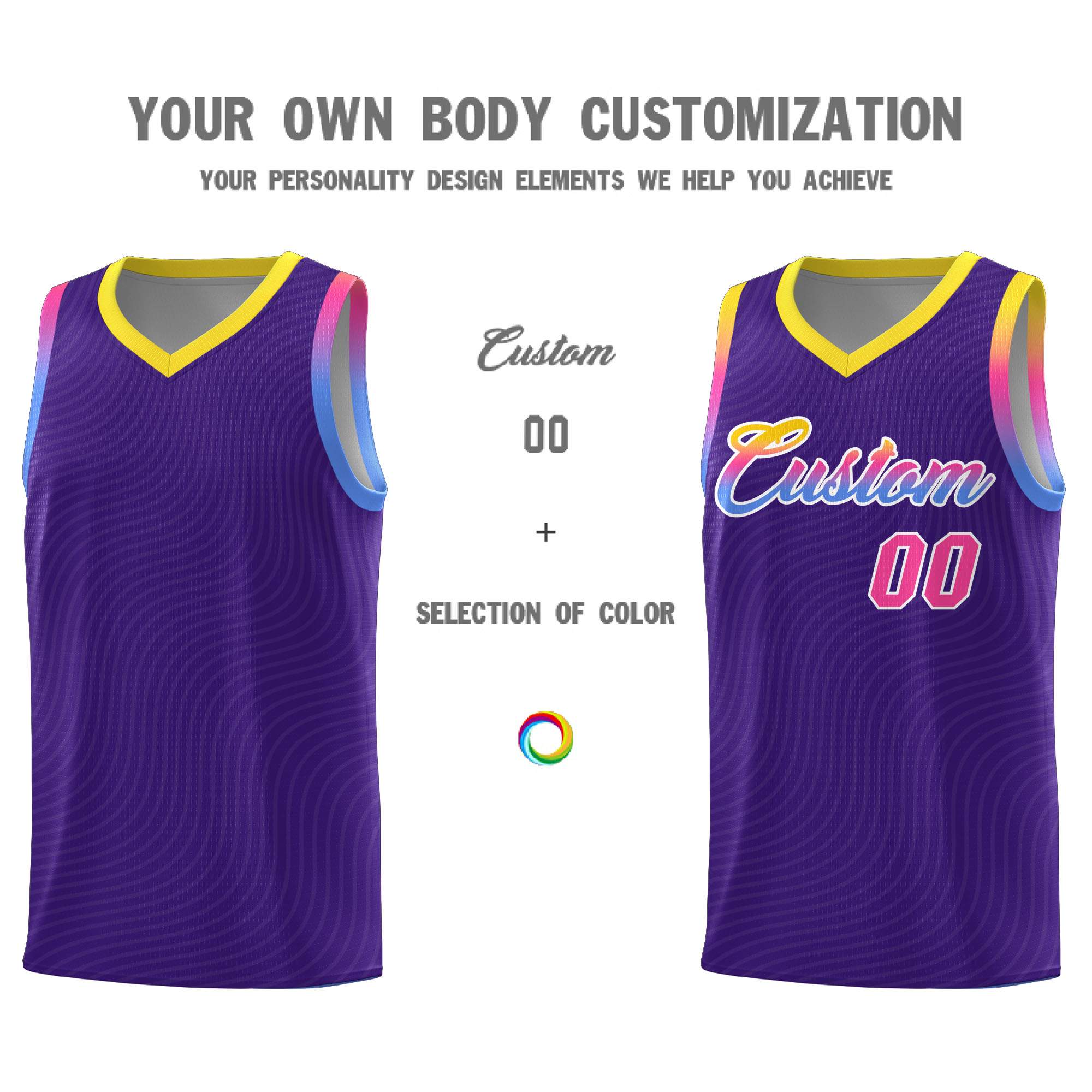 Custom Purple Gold Wave Pattern Sports Uniform Basketball Jersey