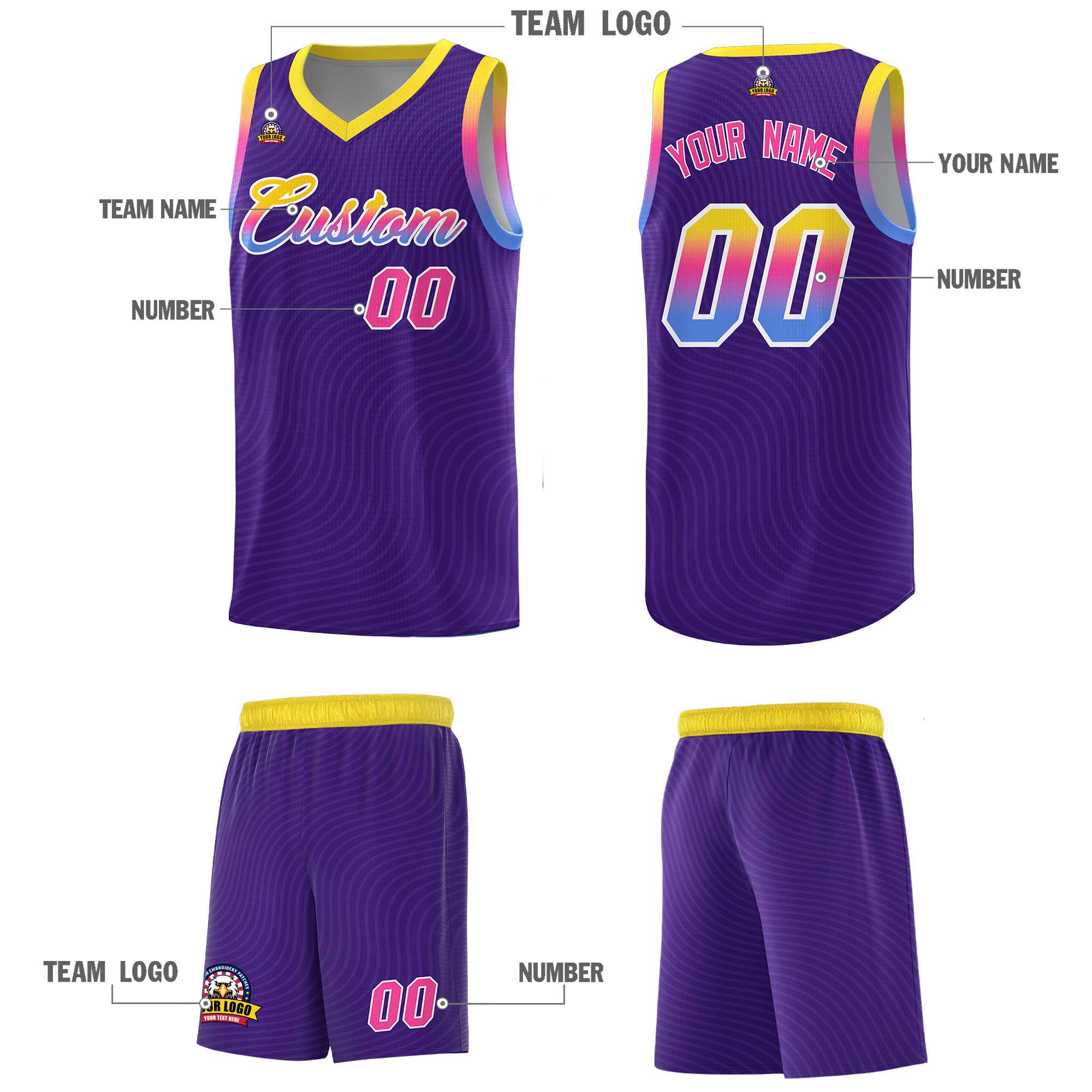Custom Purple Gold Wave Pattern Sports Uniform Basketball Jersey