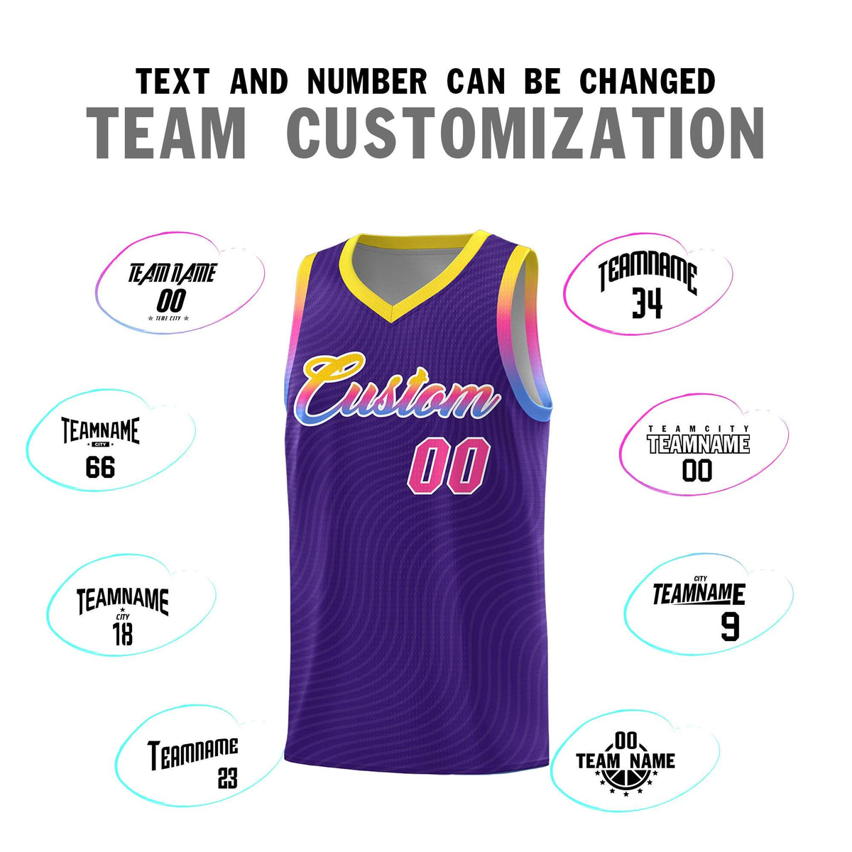 Custom Purple Gold Wave Pattern Sports Uniform Basketball Jersey