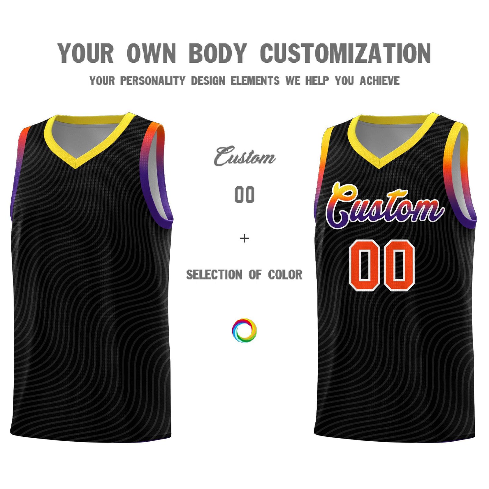 Custom Black Gold Wave Pattern Sports Uniform Basketball Jersey