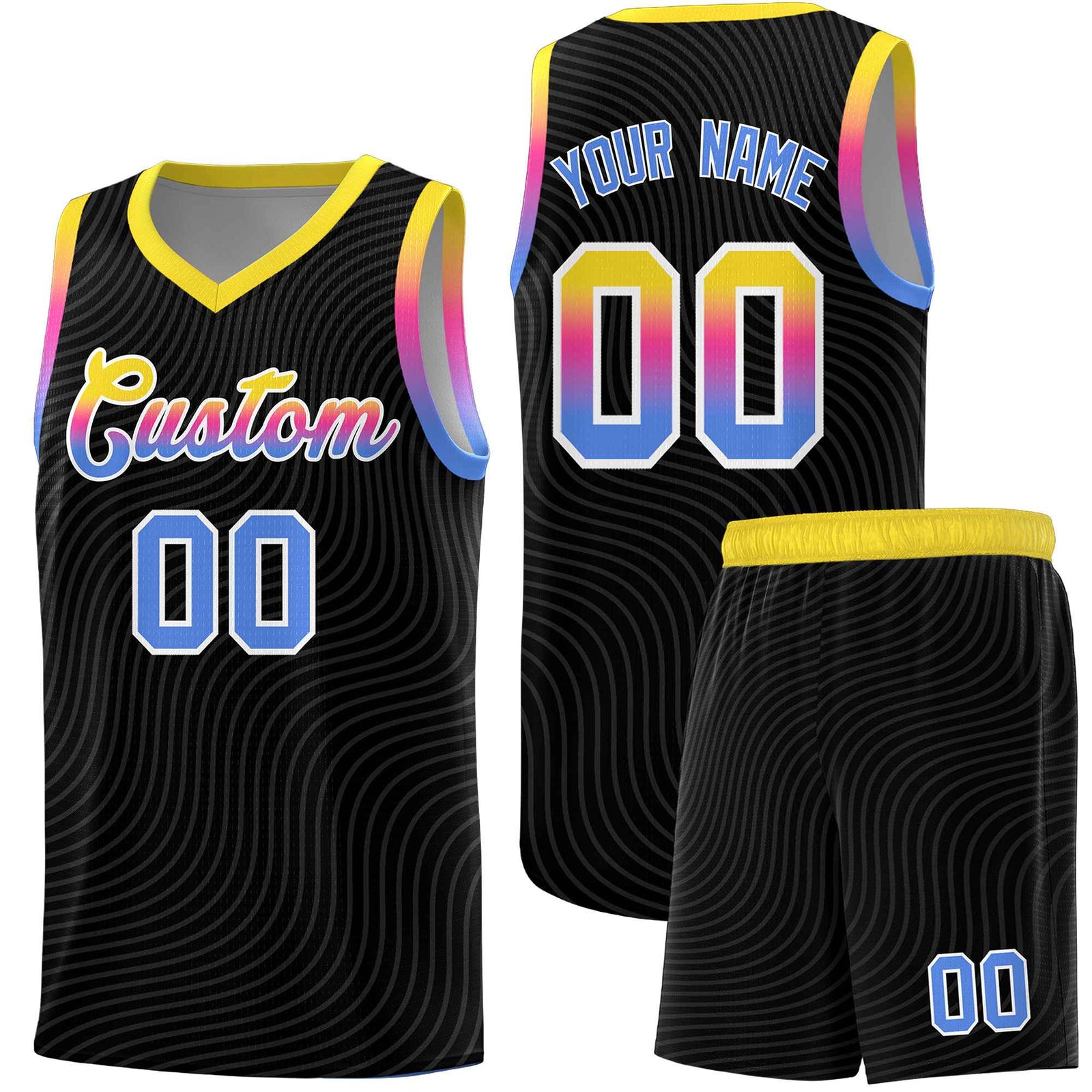 Custom Black Gold Wave Pattern Sports Uniform Basketball Jersey