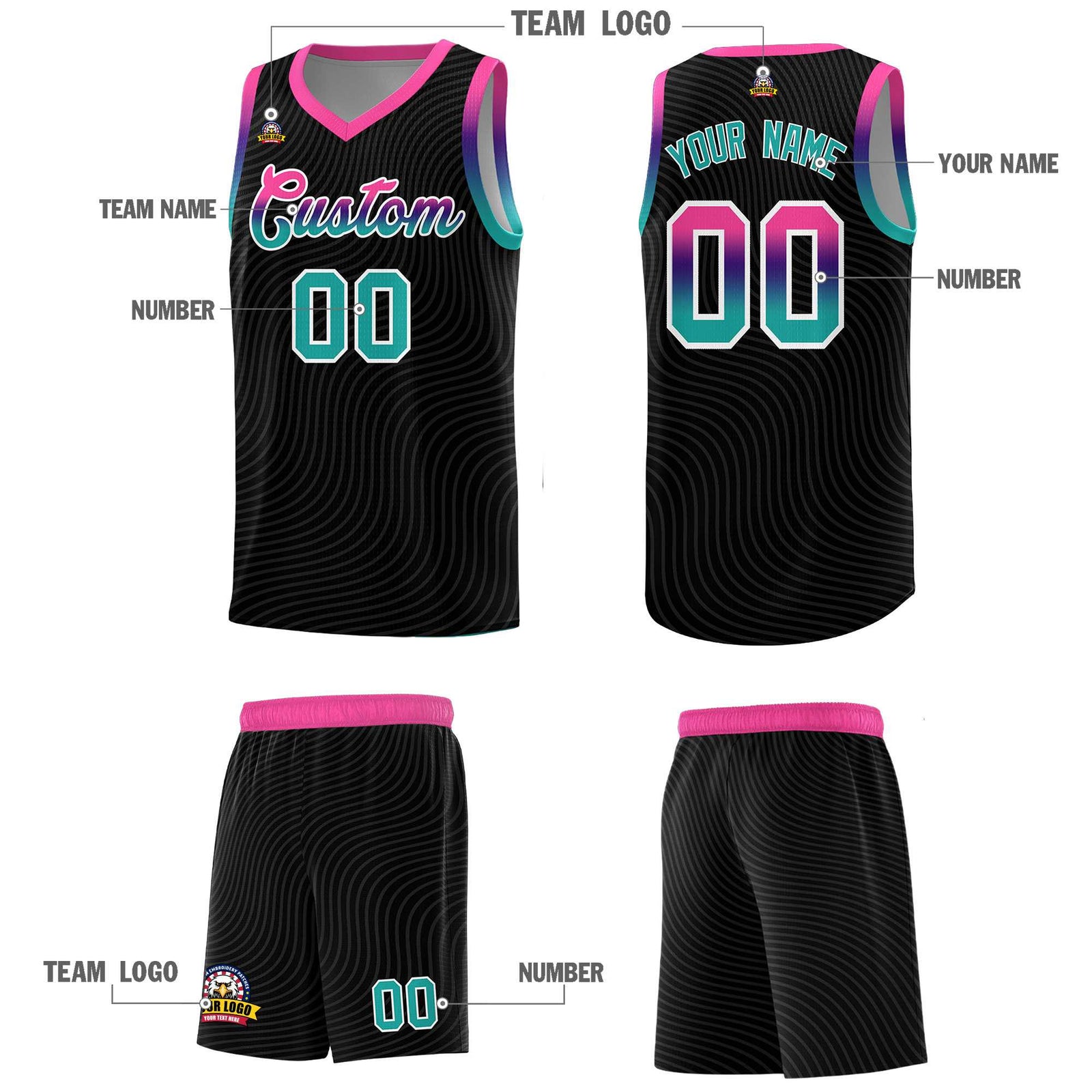 Custom Black Pink Wave Pattern Sports Uniform Basketball Jersey