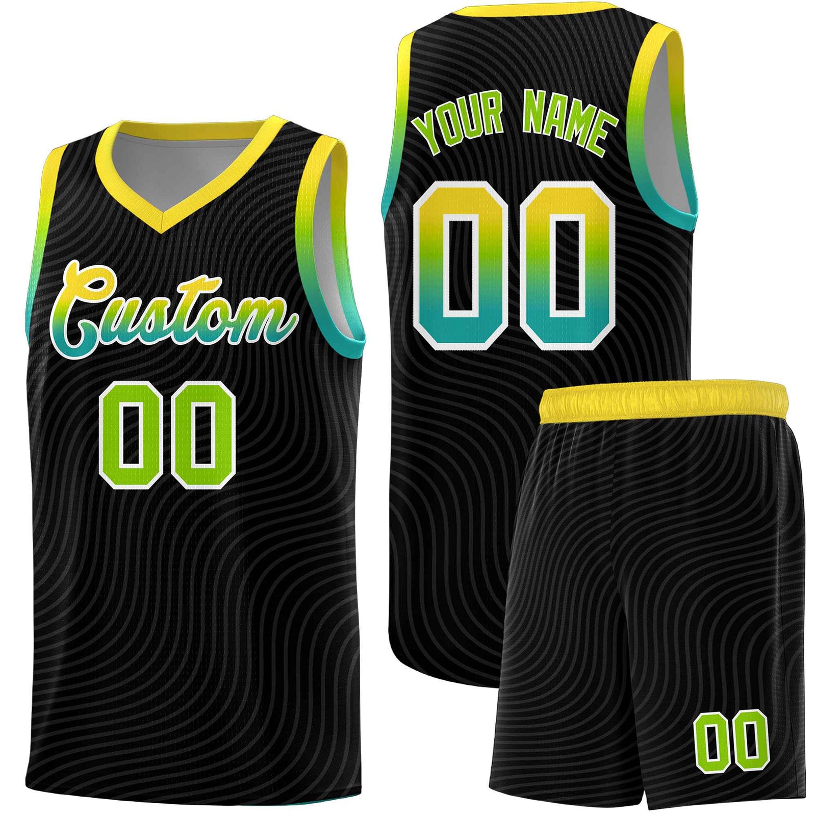 Custom Black Gold Wave Pattern Sports Uniform Basketball Jersey