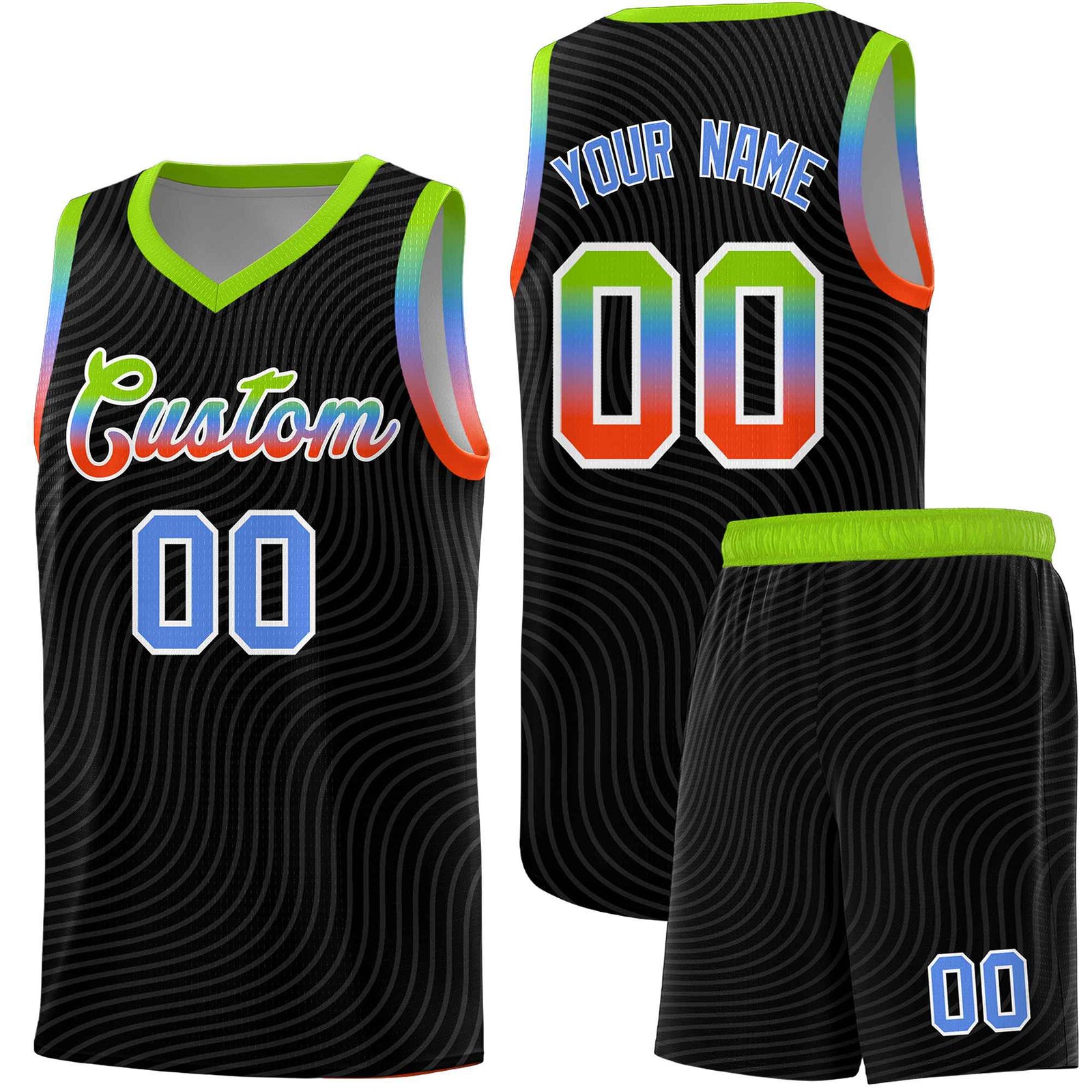 Custom Black Neon Green Wave Pattern Sports Uniform Basketball Jersey
