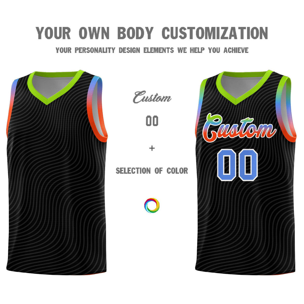 Custom Black Neon Green Wave Pattern Sports Uniform Basketball Jersey