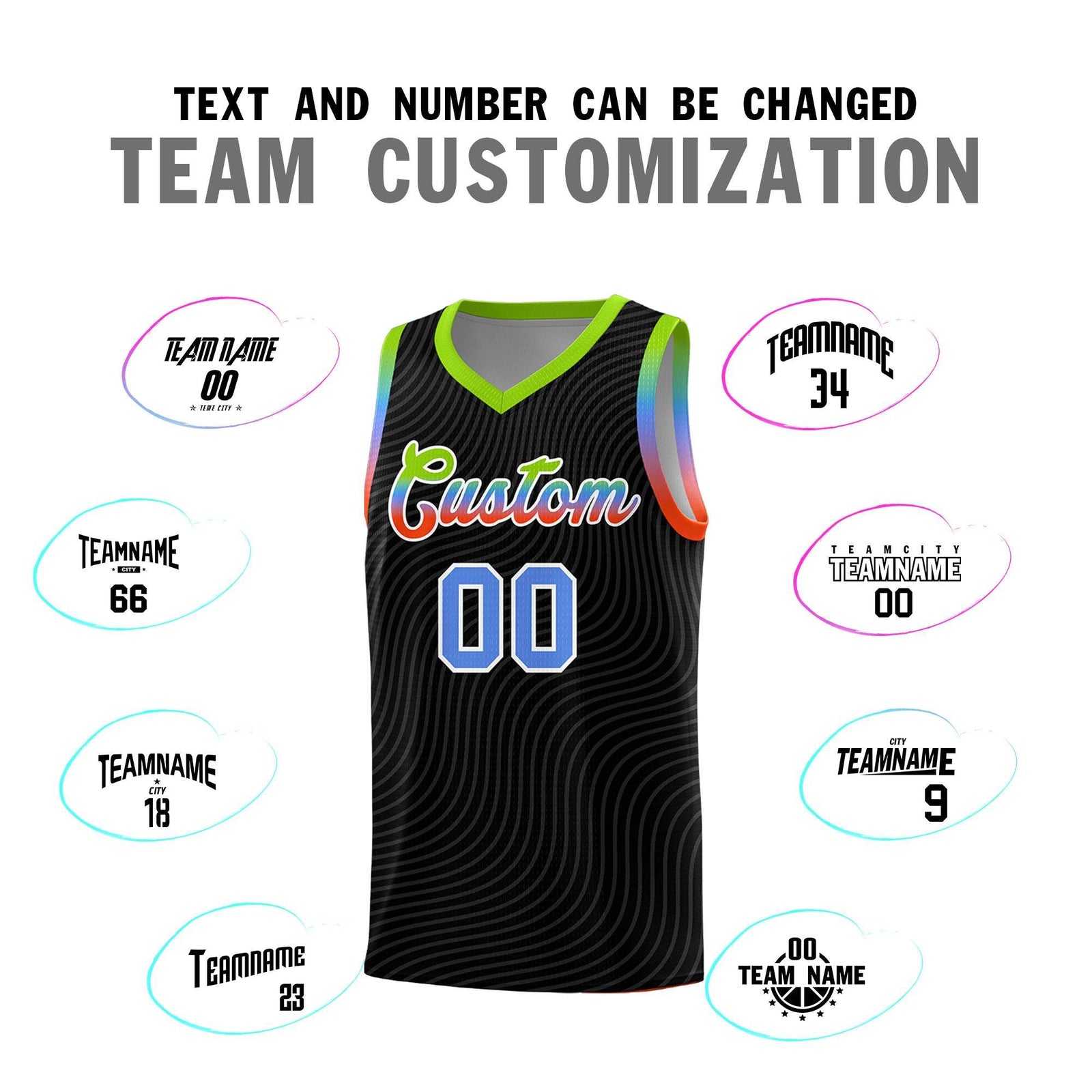 Custom Black Neon Green Wave Pattern Sports Uniform Basketball Jersey