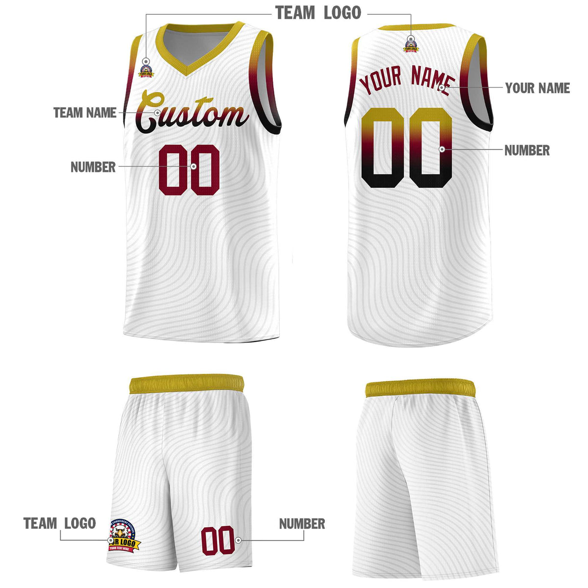 Custom White Old Gold Wave Pattern Sports Uniform Basketball Jersey