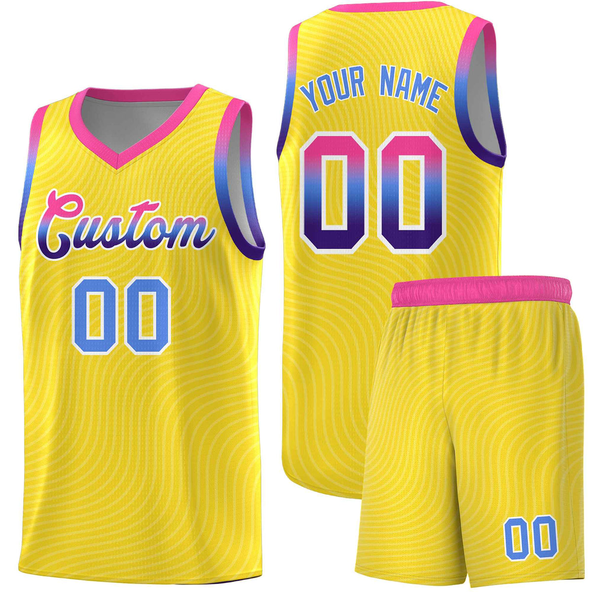 Custom Gold Pink Wave Pattern Sports Uniform Basketball Jersey