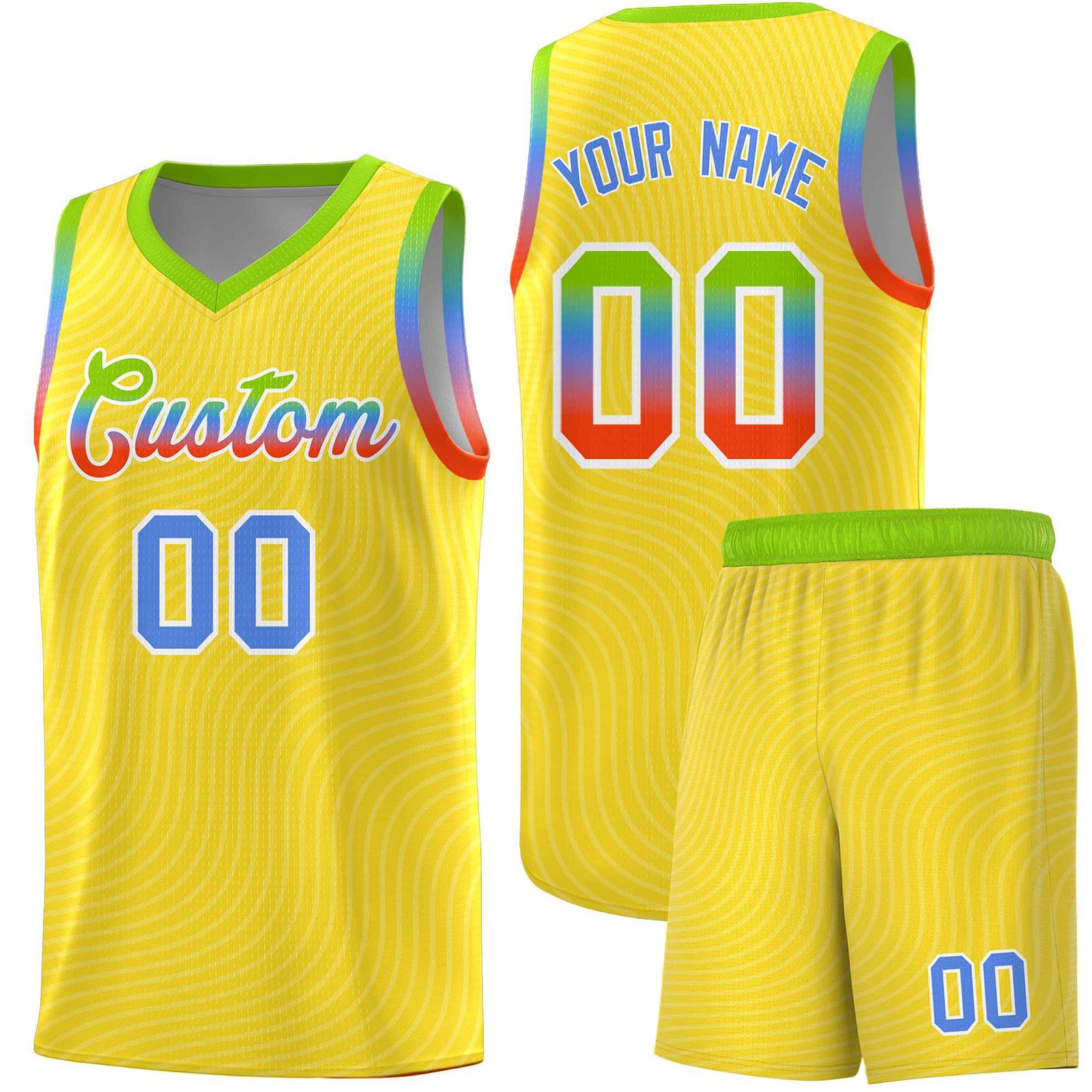 Custom Gold Neon Green Wave Pattern Sports Uniform Basketball Jersey
