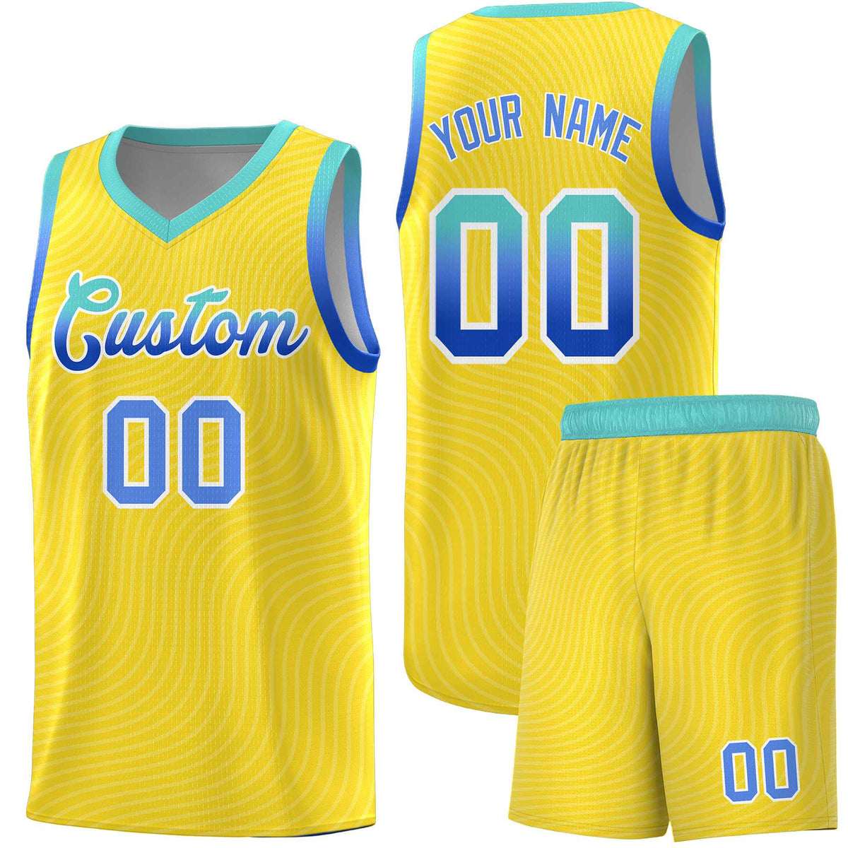 Custom Gold Bright Green Wave Pattern Sports Uniform Basketball Jersey