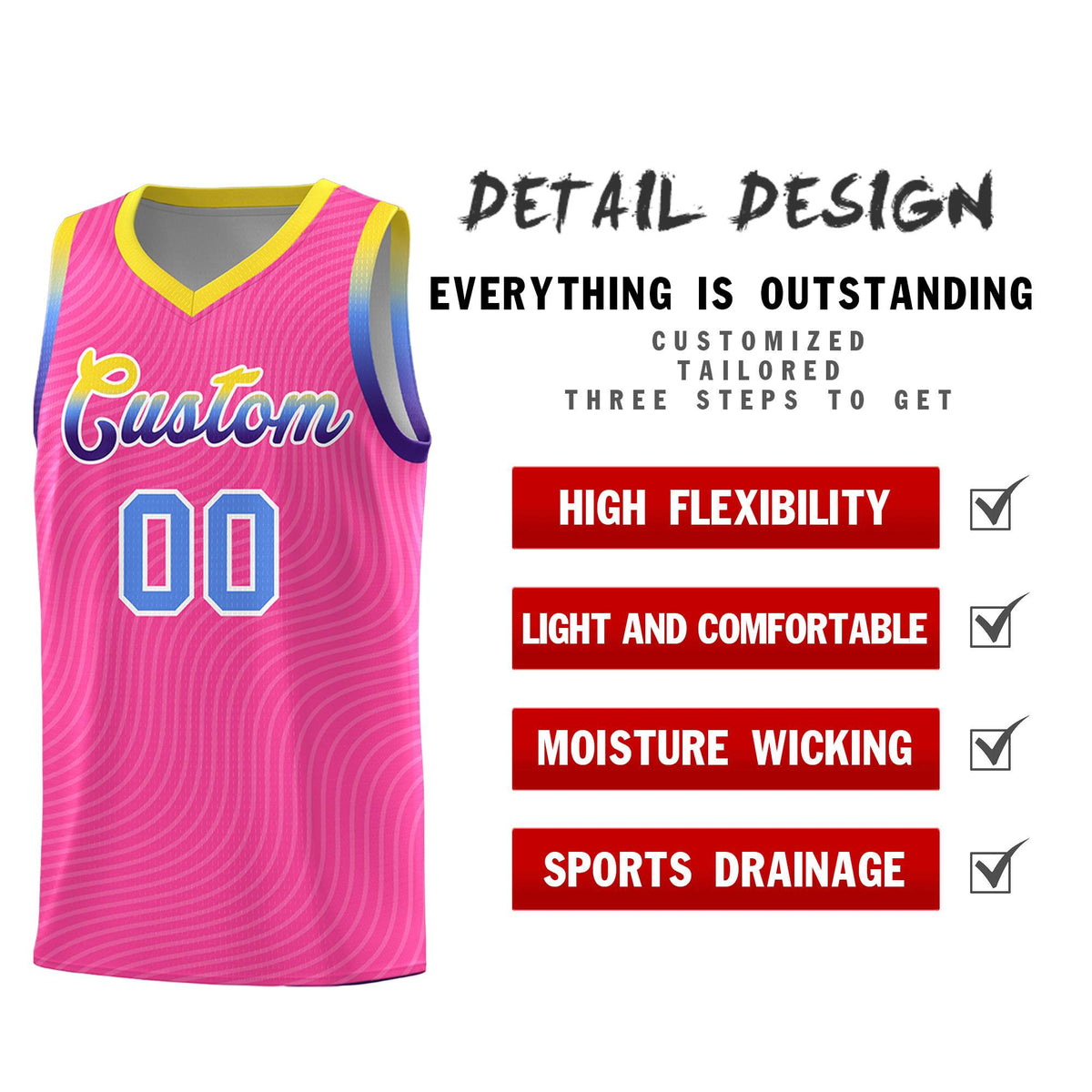 Custom Pink Gold Wave Pattern Sports Uniform Basketball Jersey