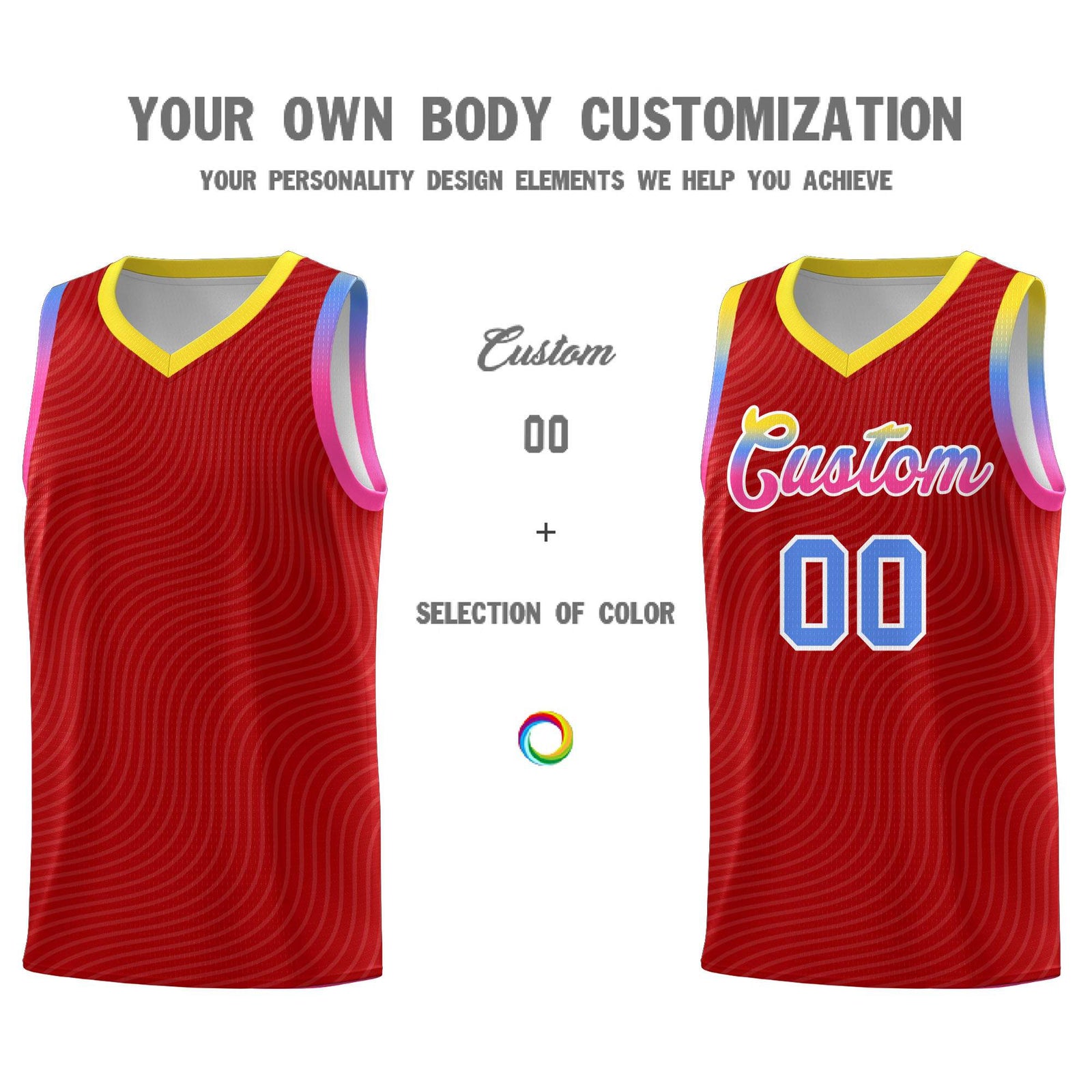Custom Red Gold Wave Pattern Sports Uniform Basketball Jersey