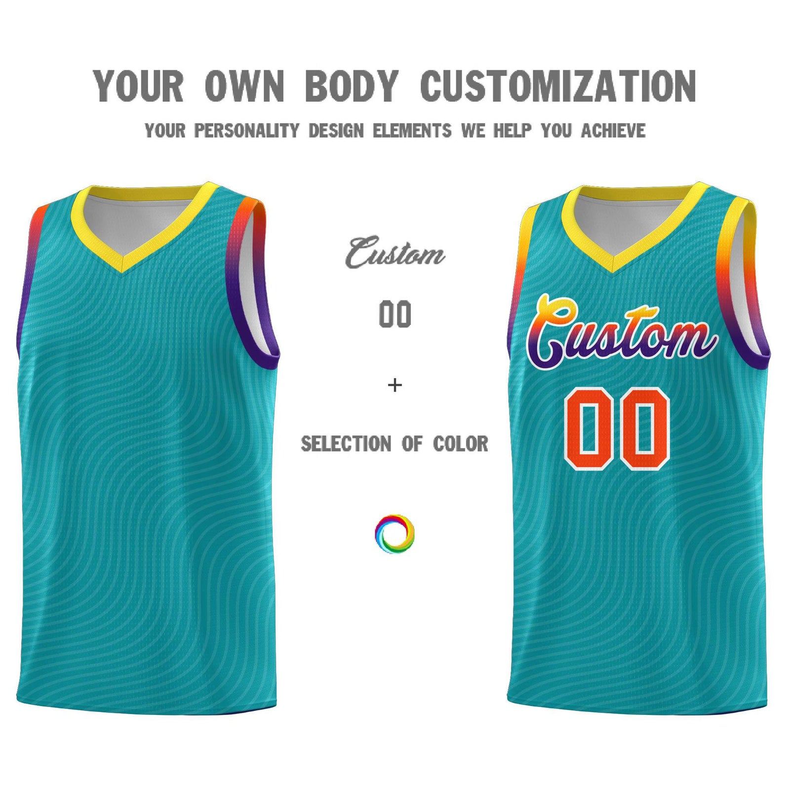 Custom Aqua Gold Wave Pattern Sports Uniform Basketball Jersey