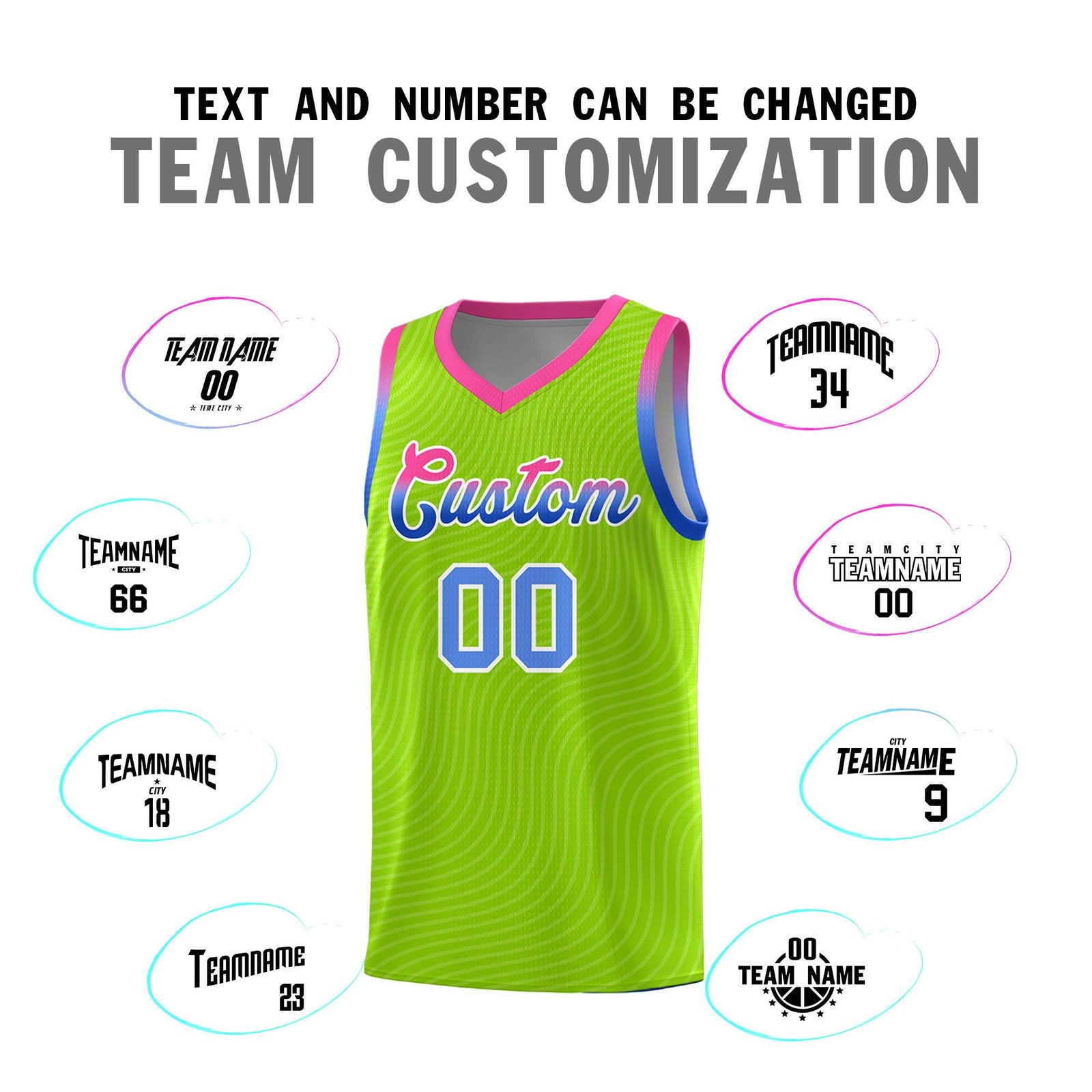 Custom Neon Green Pink Wave Pattern Sports Uniform Basketball Jersey