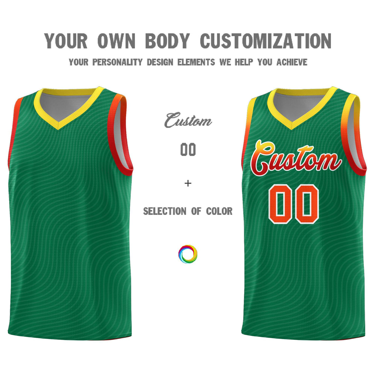 Custom Kelly Green Gold Wave Pattern Sports Uniform Basketball Jersey