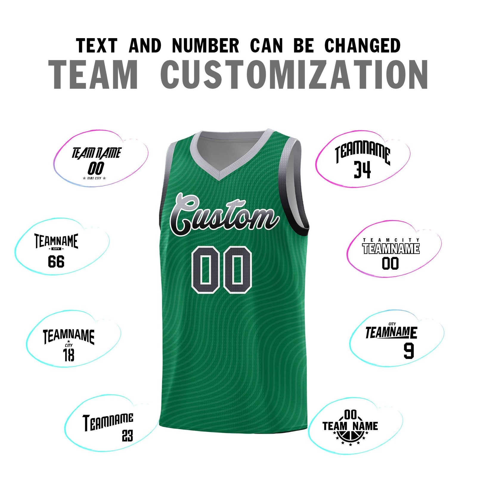 Custom Kelly Green Gray Wave Pattern Sports Uniform Basketball Jersey