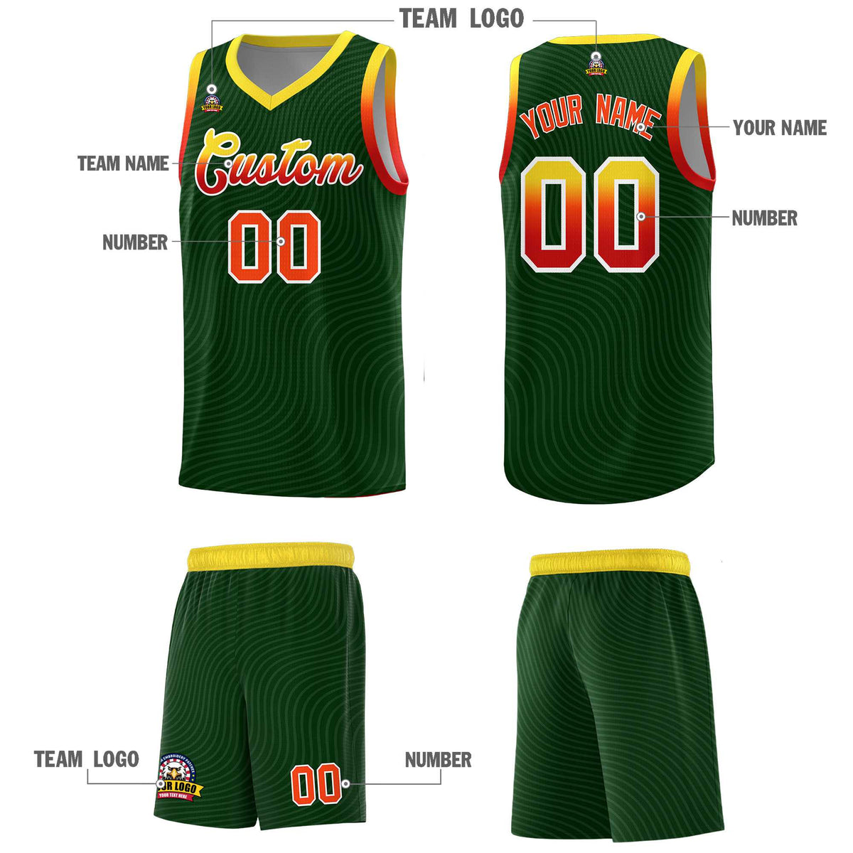 Custom Hunter Green Gold Wave Pattern Sports Uniform Basketball Jersey
