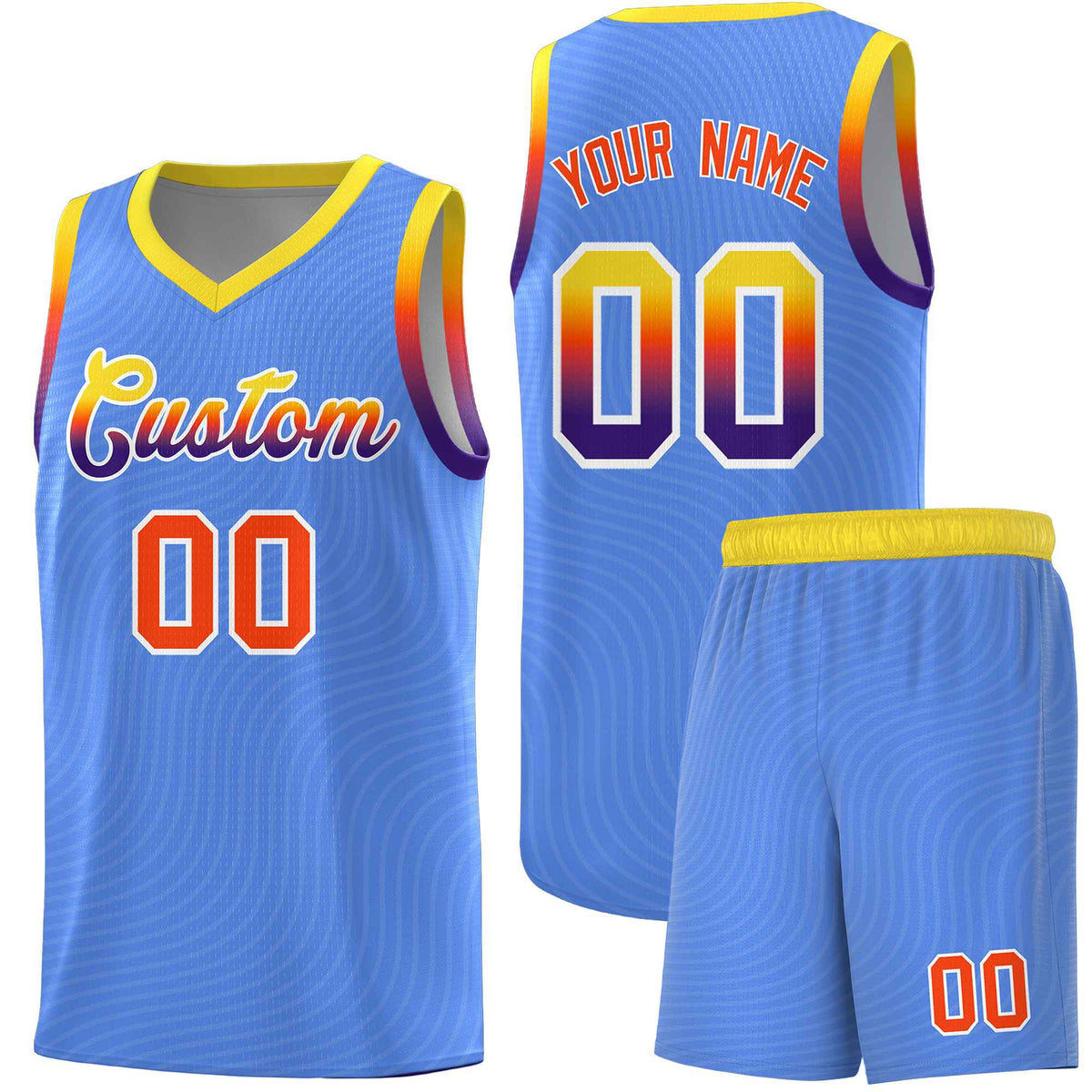 Custom Light Blue Gold Wave Pattern Sports Uniform Basketball Jersey