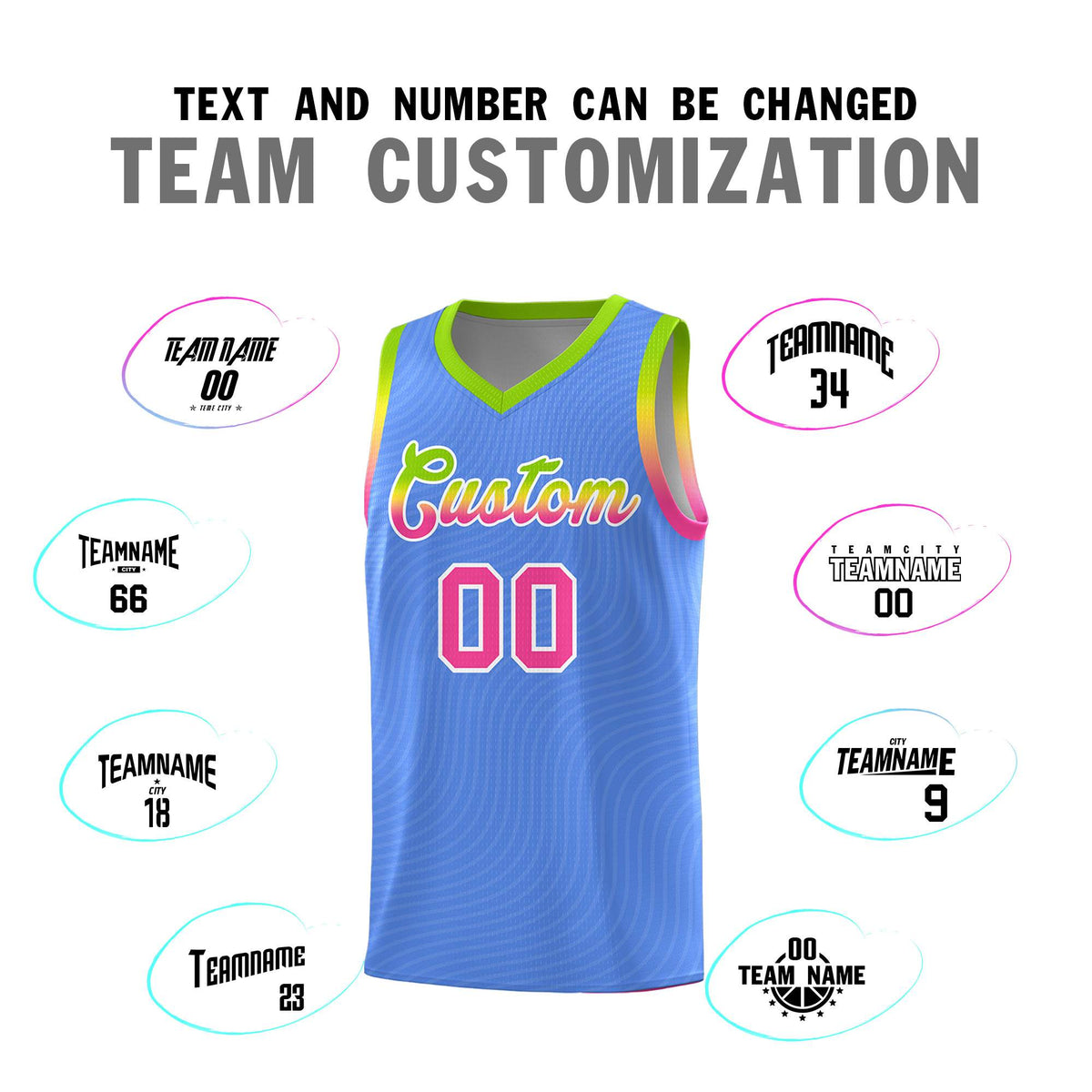 Custom Light Blue Neon Green Wave Pattern Sports Uniform Basketball Jersey