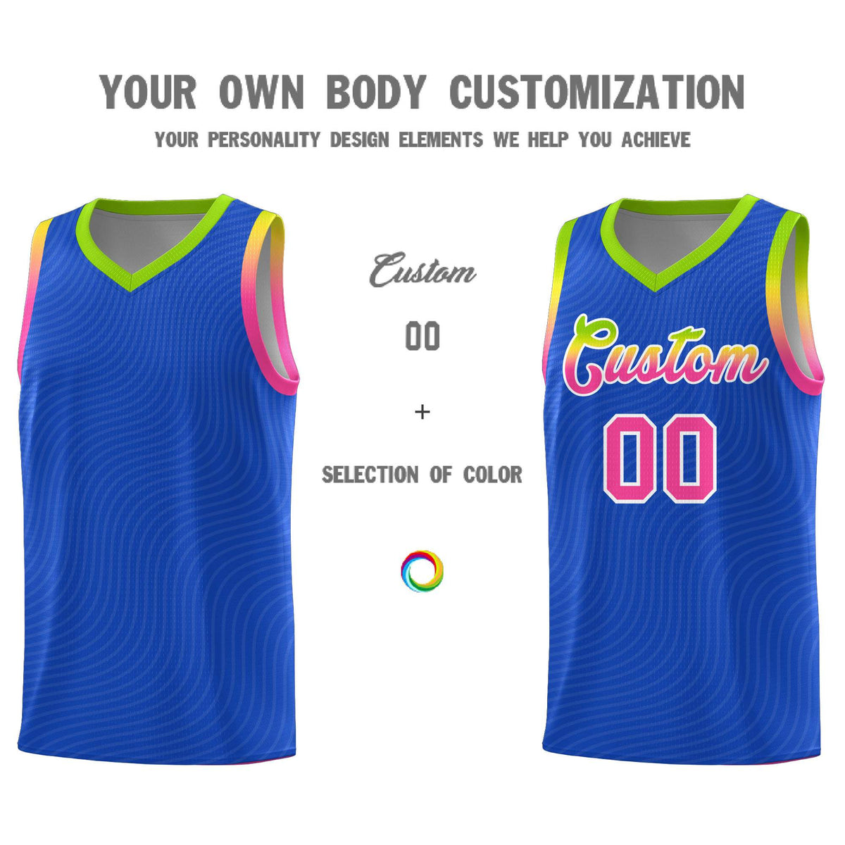 Custom Royal Blue Neon Green Wave Pattern Sports Uniform Basketball Jersey