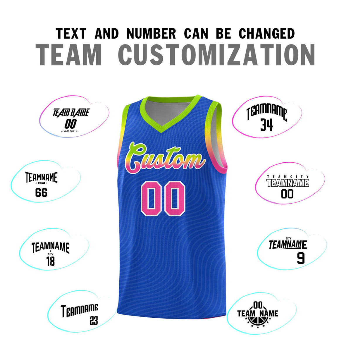 Custom Royal Blue Neon Green Wave Pattern Sports Uniform Basketball Jersey