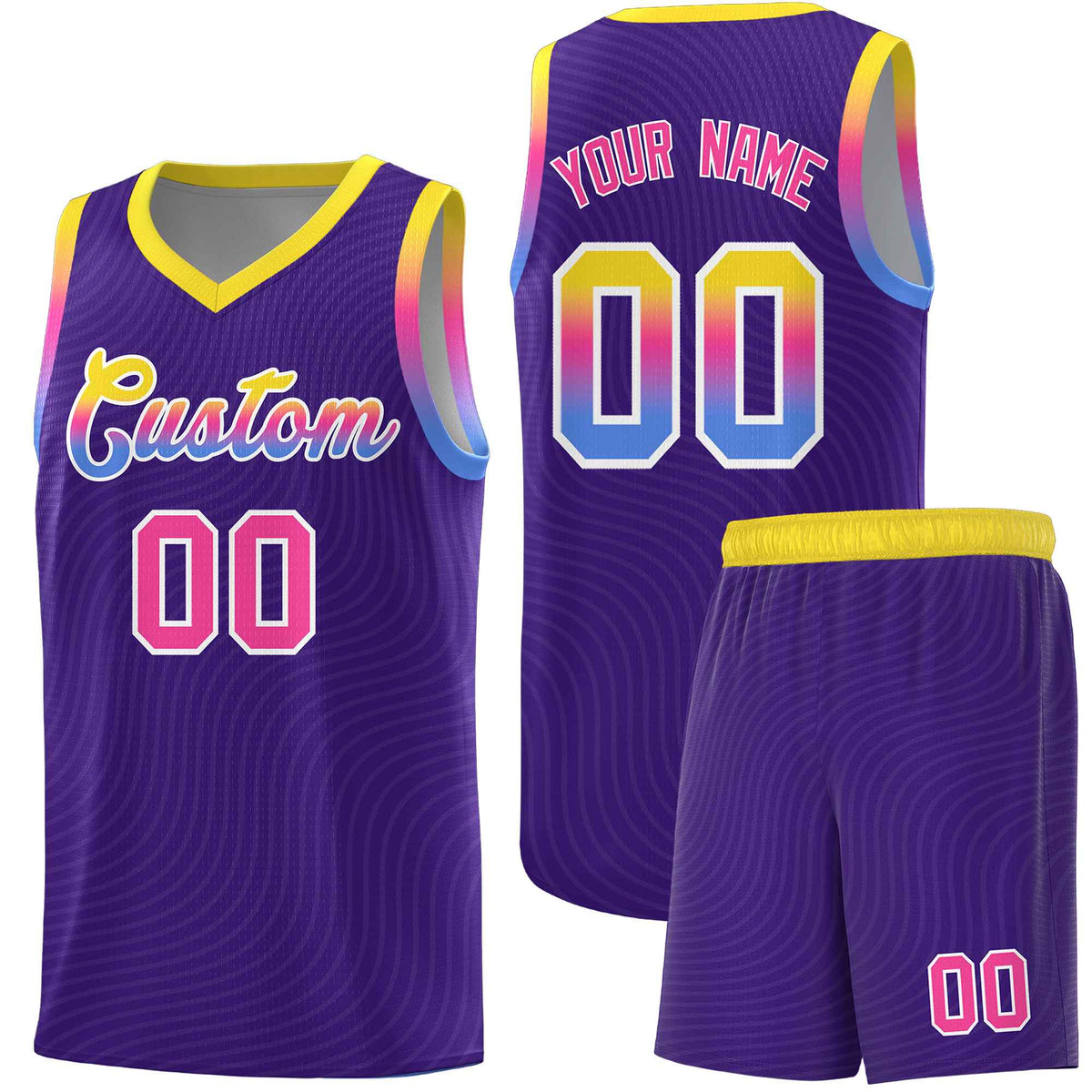 Custom Purple Gold Wave Pattern Sports Uniform Basketball Jersey