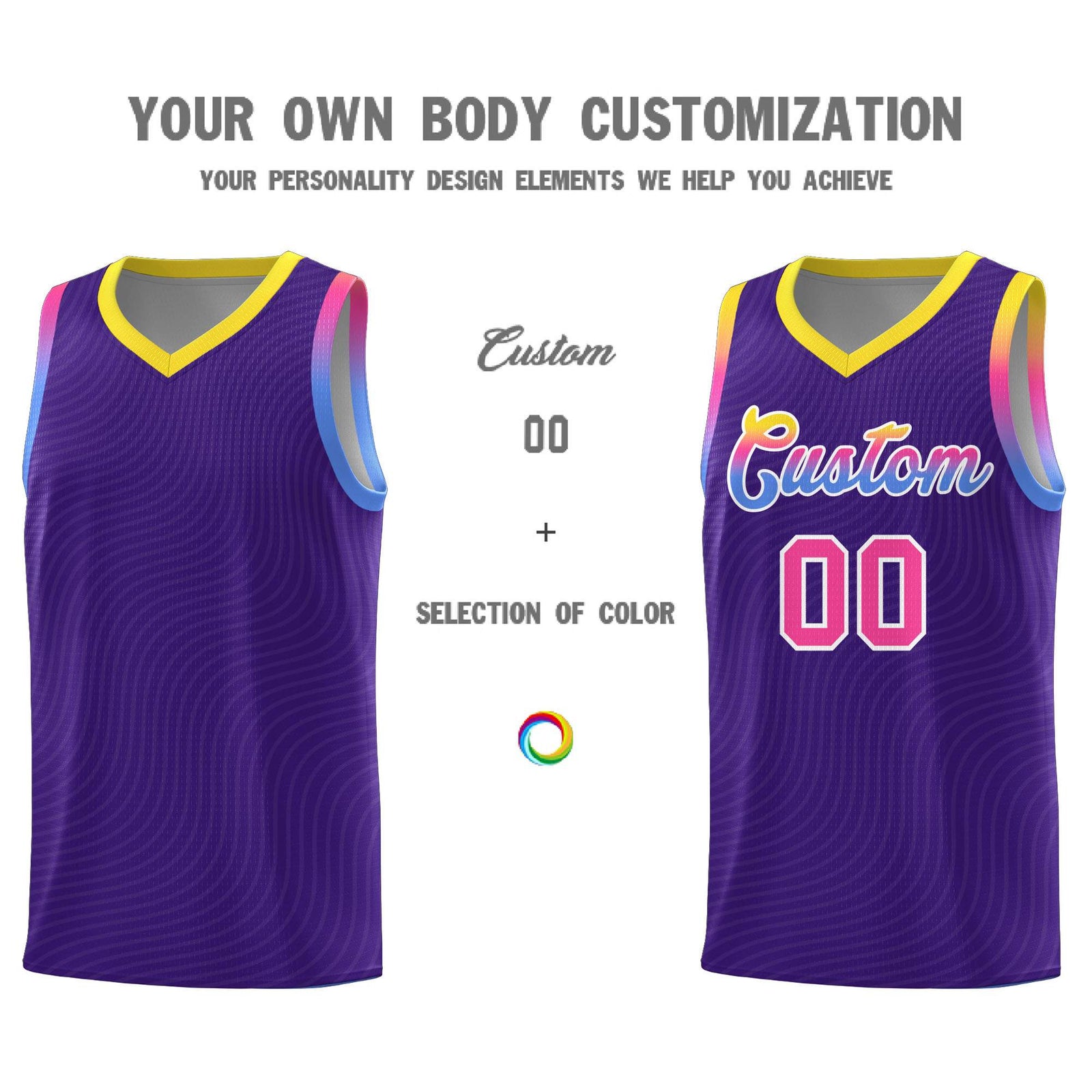 Custom Purple Gold Wave Pattern Sports Uniform Basketball Jersey