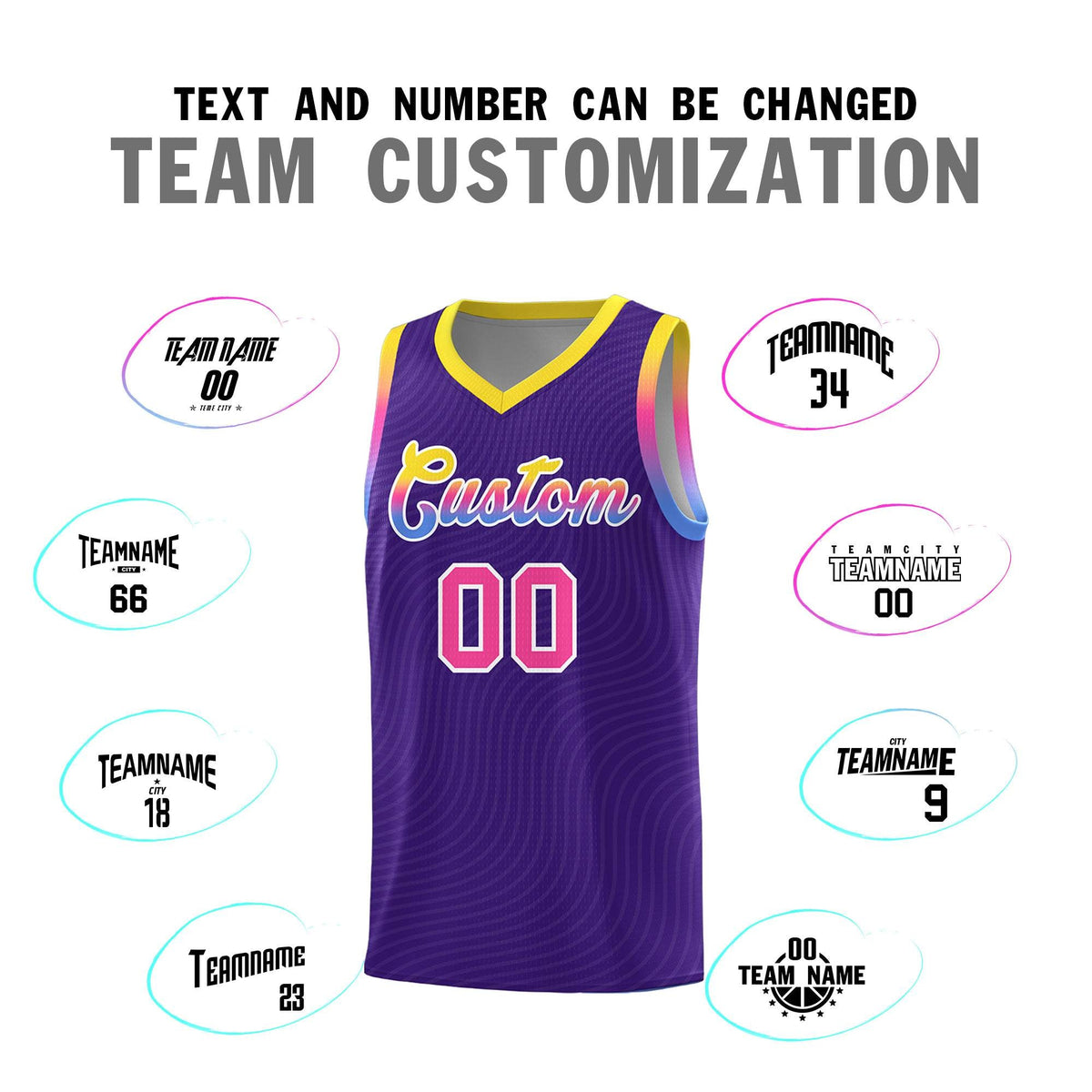 Custom Purple Gold Wave Pattern Sports Uniform Basketball Jersey