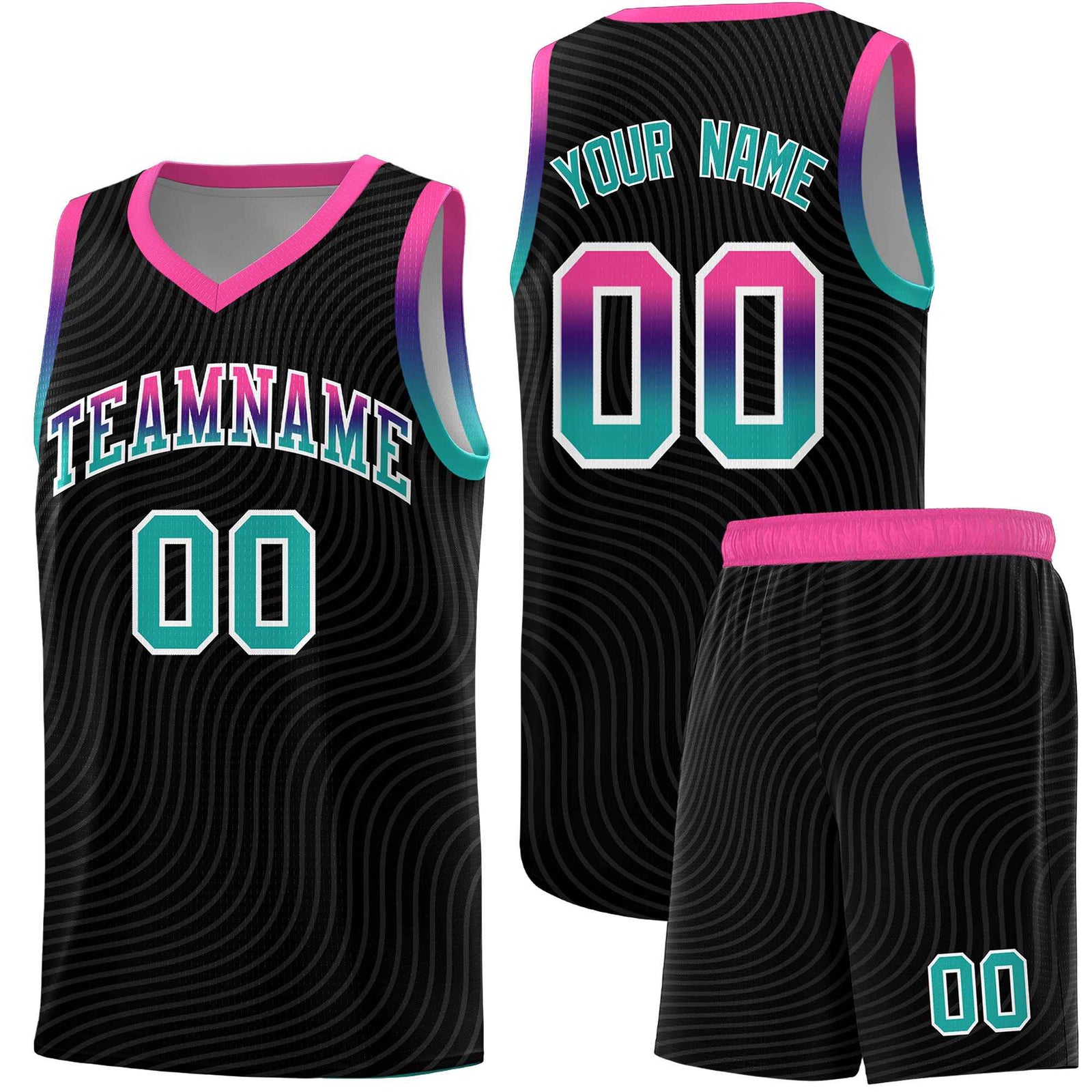 Custom Black Pink Wave Pattern Sports Uniform Basketball Jersey