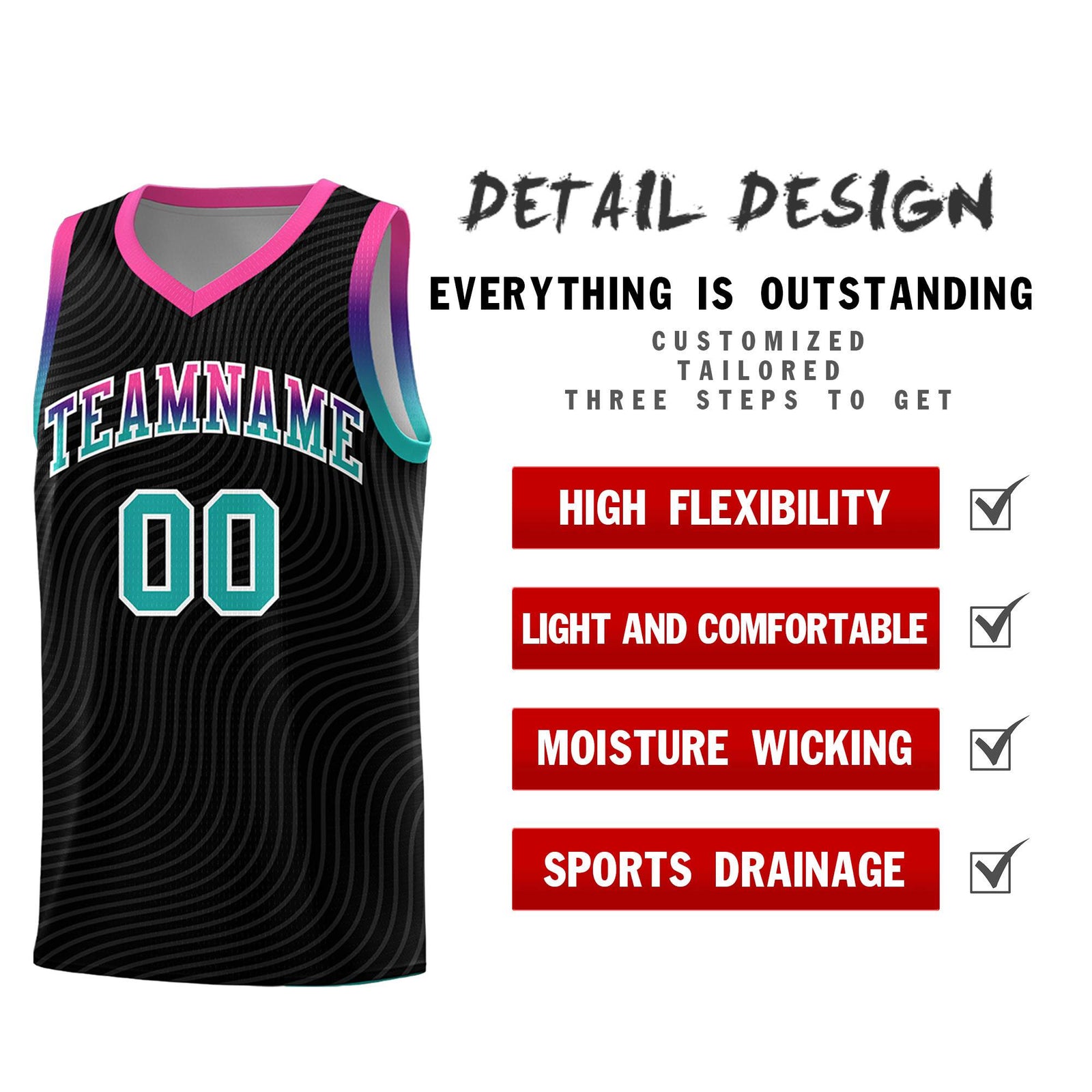 Custom Black Pink Wave Pattern Sports Uniform Basketball Jersey