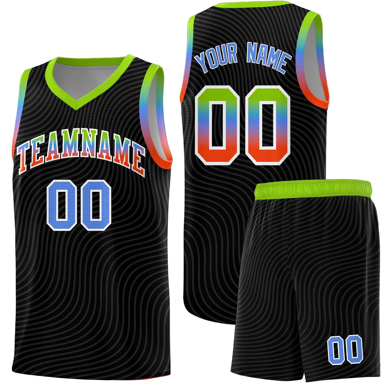 Custom Black Neon Green Wave Pattern Sports Uniform Basketball Jersey