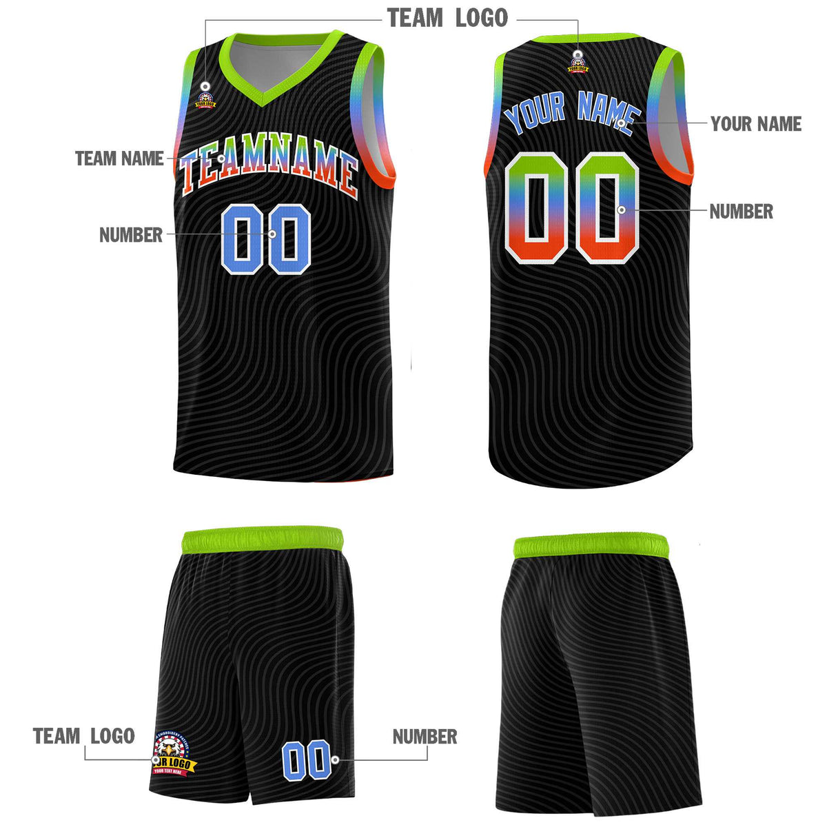 Custom Black Neon Green Wave Pattern Sports Uniform Basketball Jersey