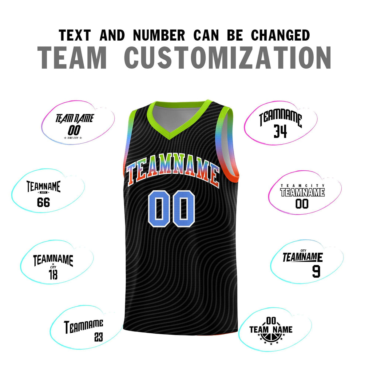 Custom Black Neon Green Wave Pattern Sports Uniform Basketball Jersey