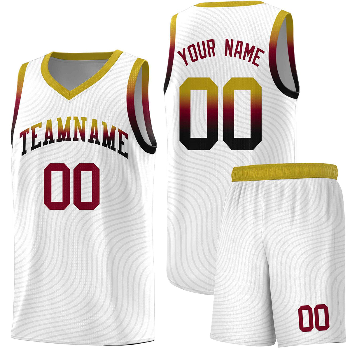 Custom White Old Gold Wave Pattern Sports Uniform Basketball Jersey