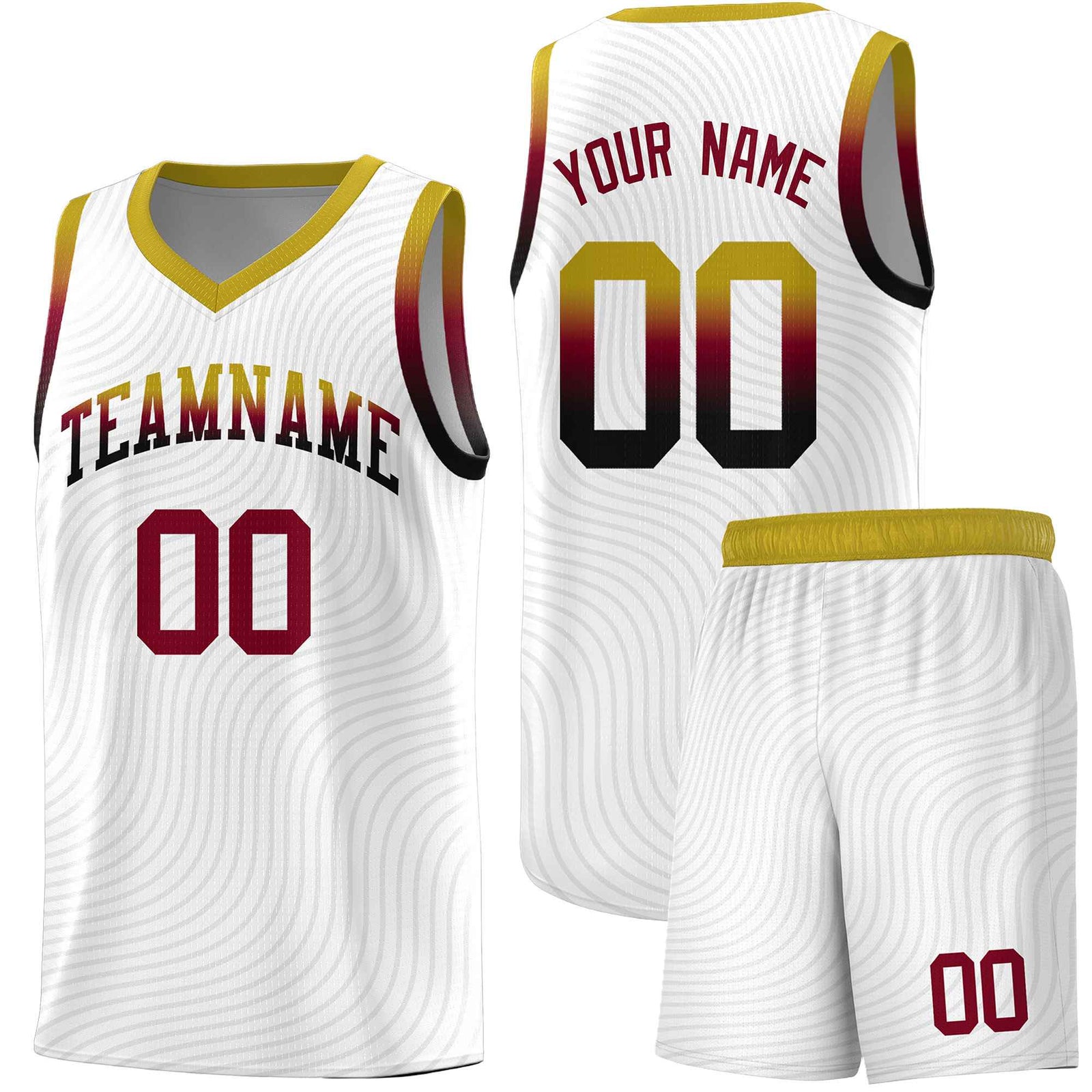 Custom White Old Gold Wave Pattern Sports Uniform Basketball Jersey