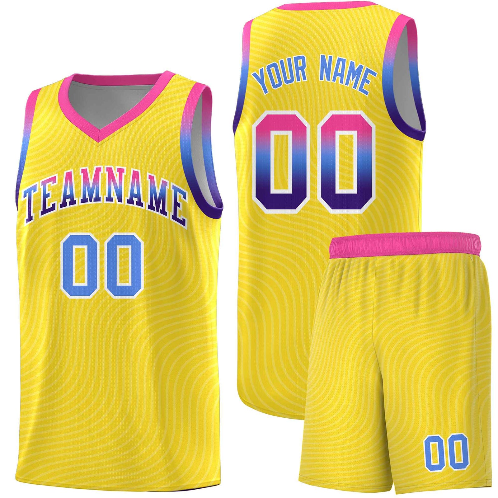 Custom Gold Pink Wave Pattern Sports Uniform Basketball Jersey