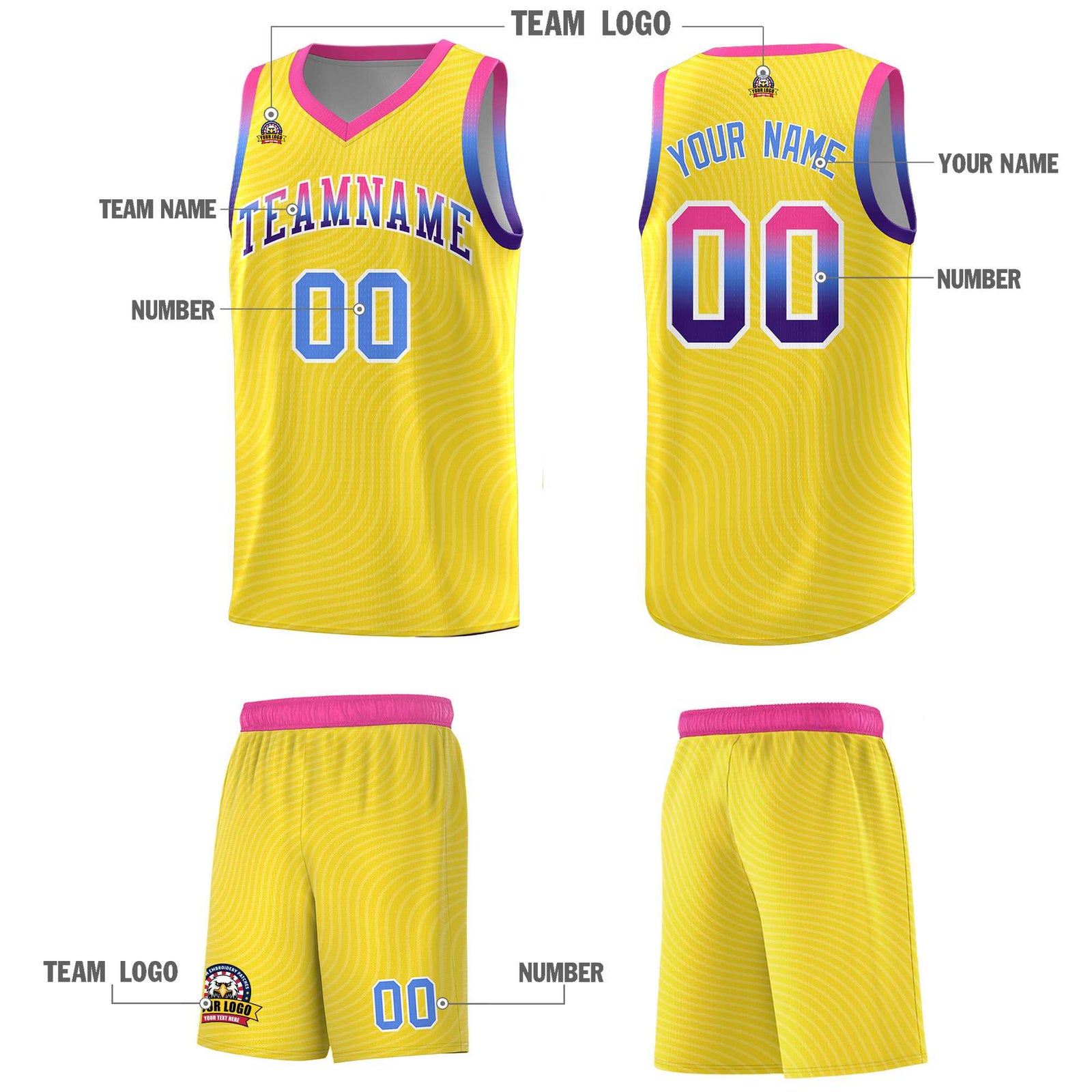 Custom Gold Pink Wave Pattern Sports Uniform Basketball Jersey