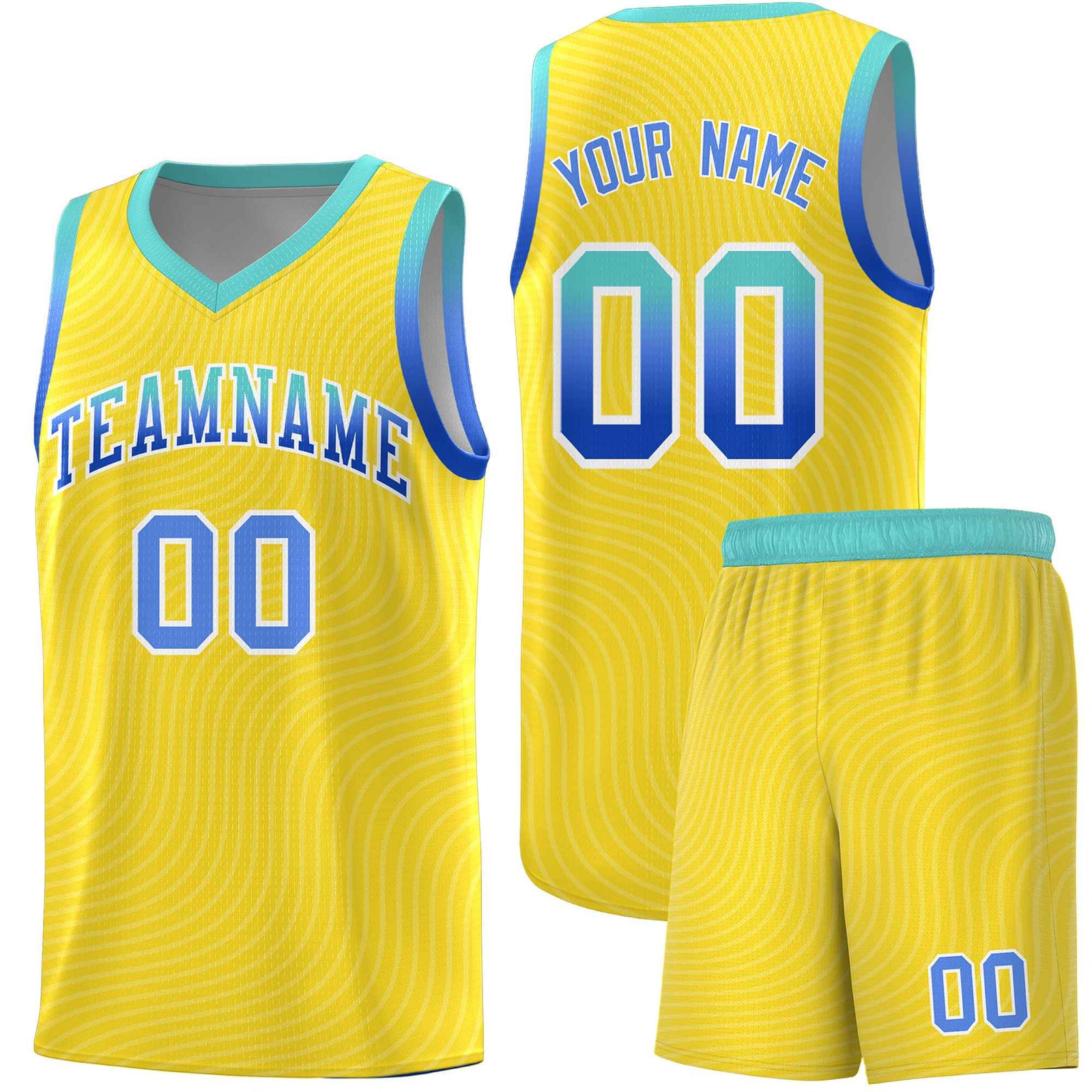 Custom Gold Bright Green Wave Pattern Sports Uniform Basketball Jersey