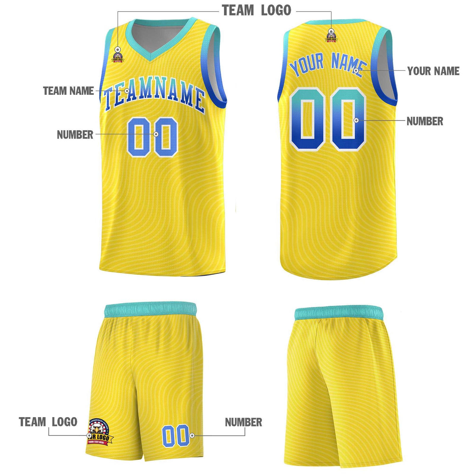 Custom Gold Bright Green Wave Pattern Sports Uniform Basketball Jersey